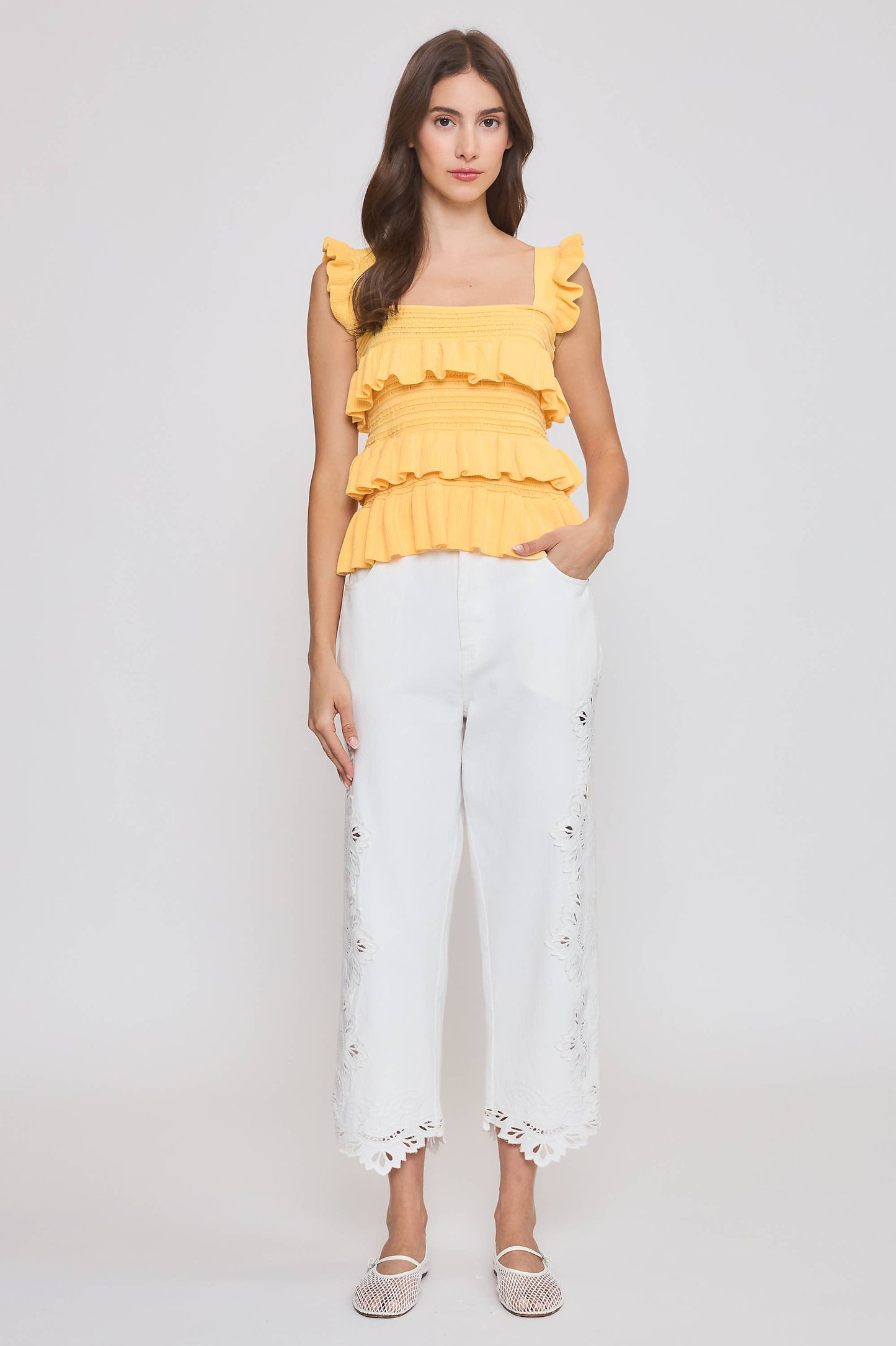 CW10030E Red Ruffled Knit Sleeveless Top: TOMATO RED / S-M-L (3-2-1)