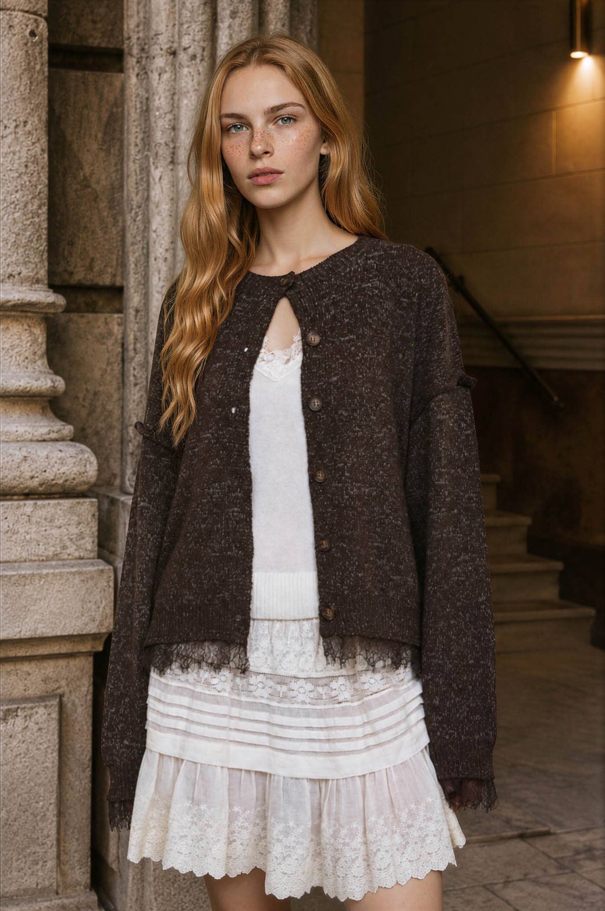 LACE TRIM EXPOSED SEAM BUTTON DOWN KNIT CARDIGAN