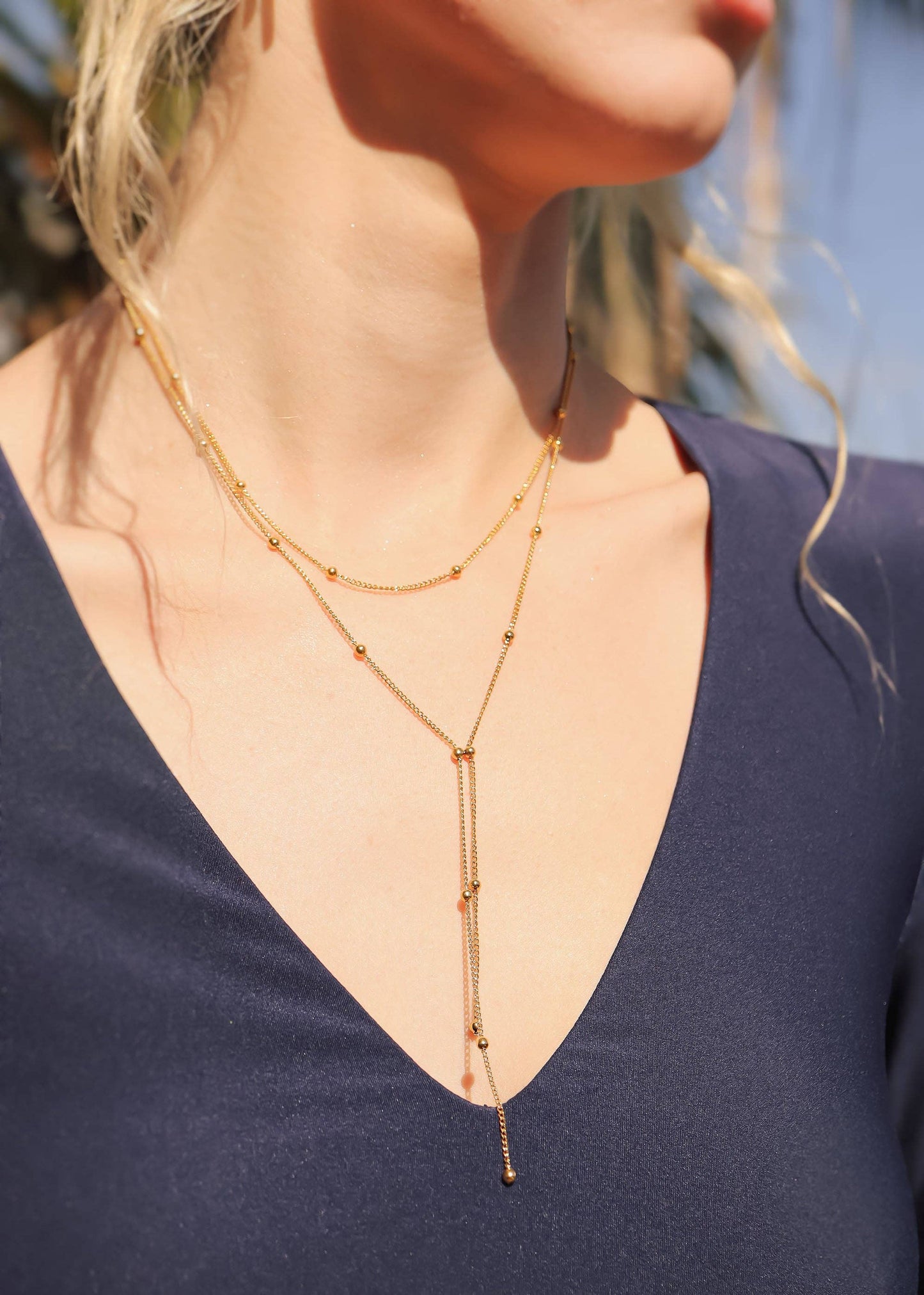 Lariat Necklace Double Ball Bead