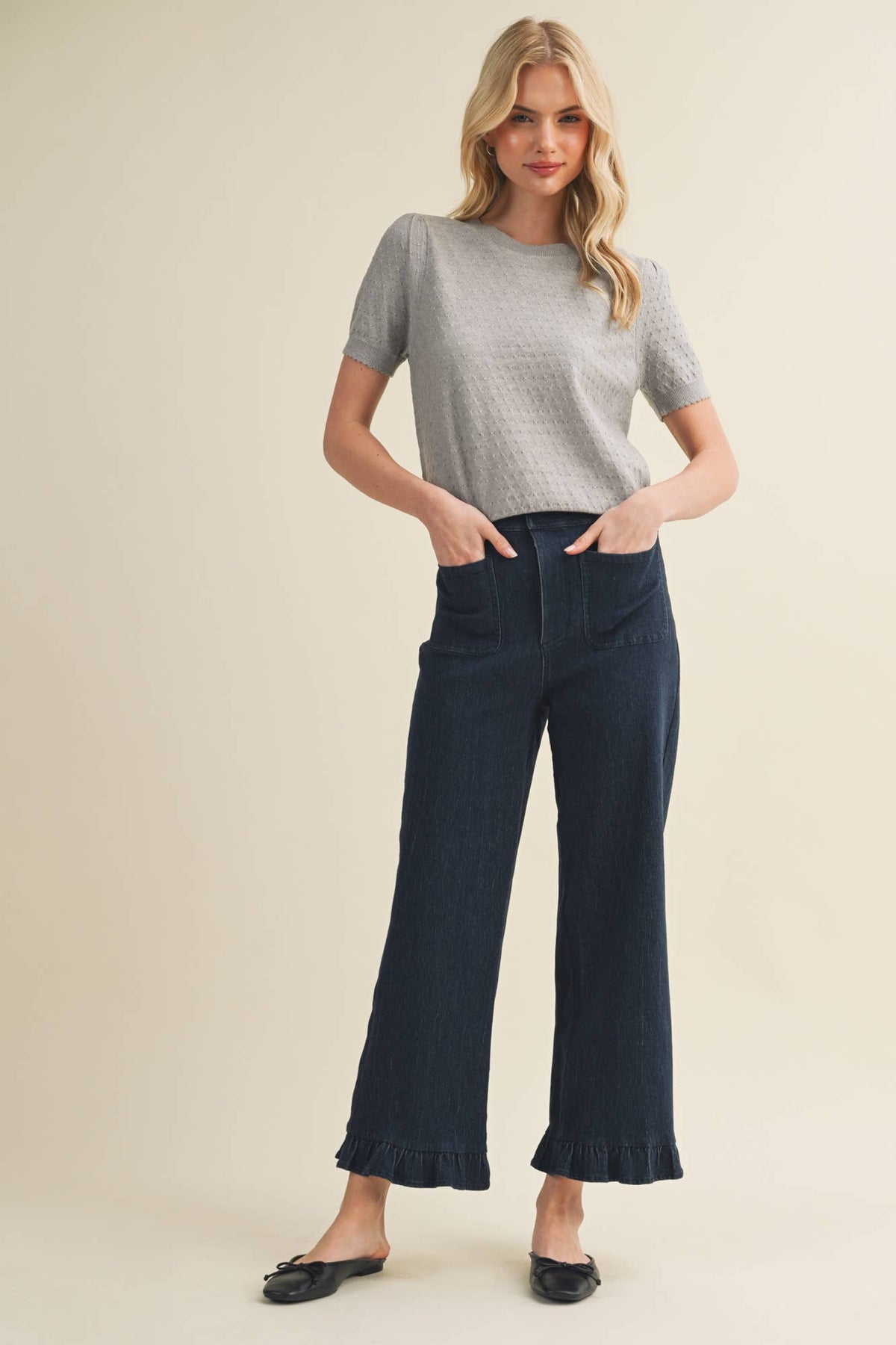 Wide-Leg Ruffle Hem Patch Pocket Trousers