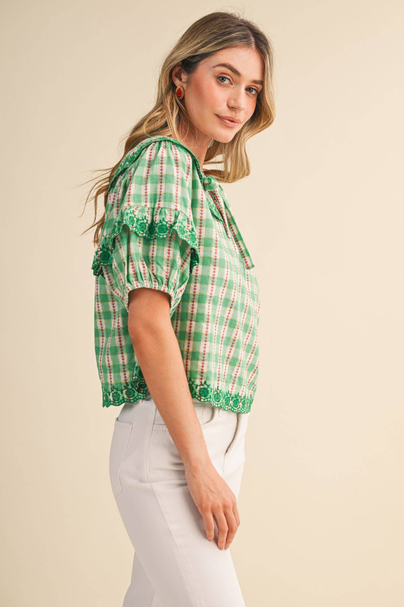 FLORAL GINGHAM EMBROIDERED DOLL COLLAR TOP MTP4602: YELLOW GINGHAM / S