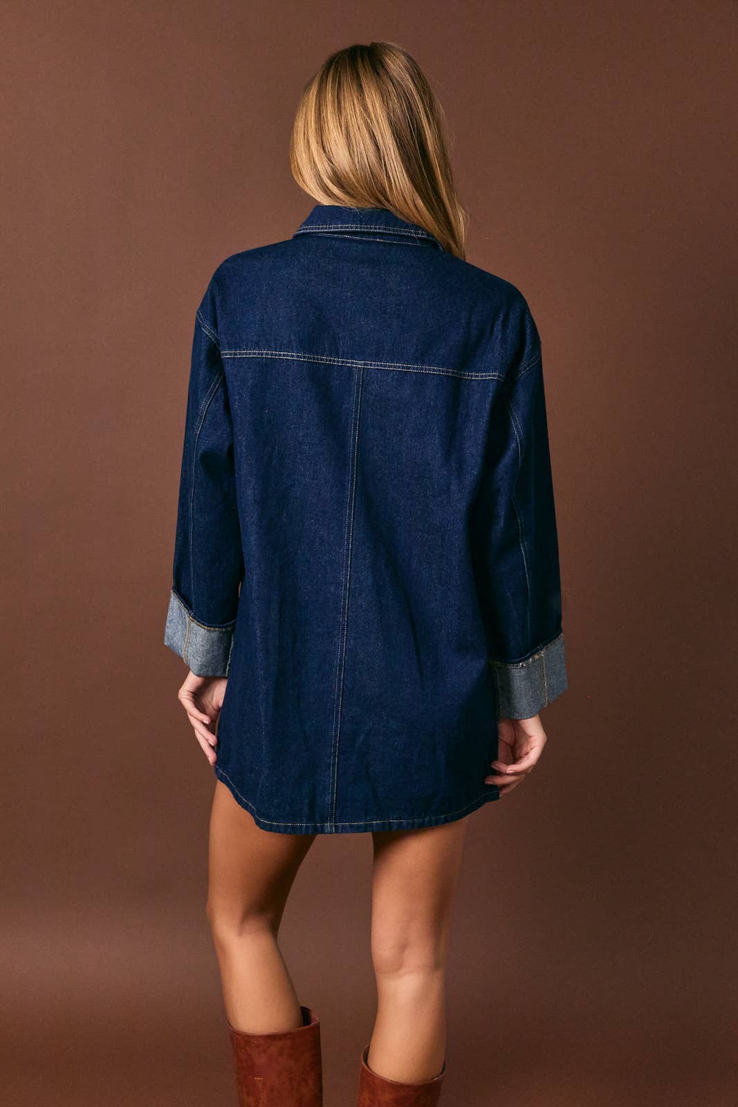 WIDE CUFFED SLEEVE BUTTON DOWN DENIM DRESS