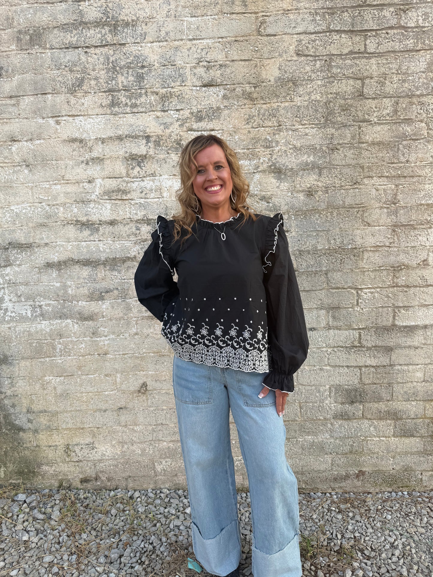 Embroidered Eyelet Ruffled Long Sleeve Blouse