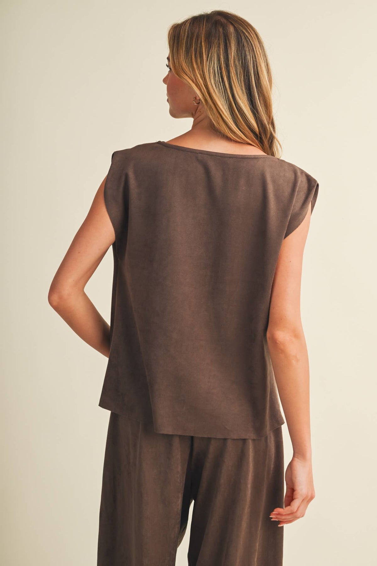 Sueded Knit Cowl Neck Cap-Sleeve Top