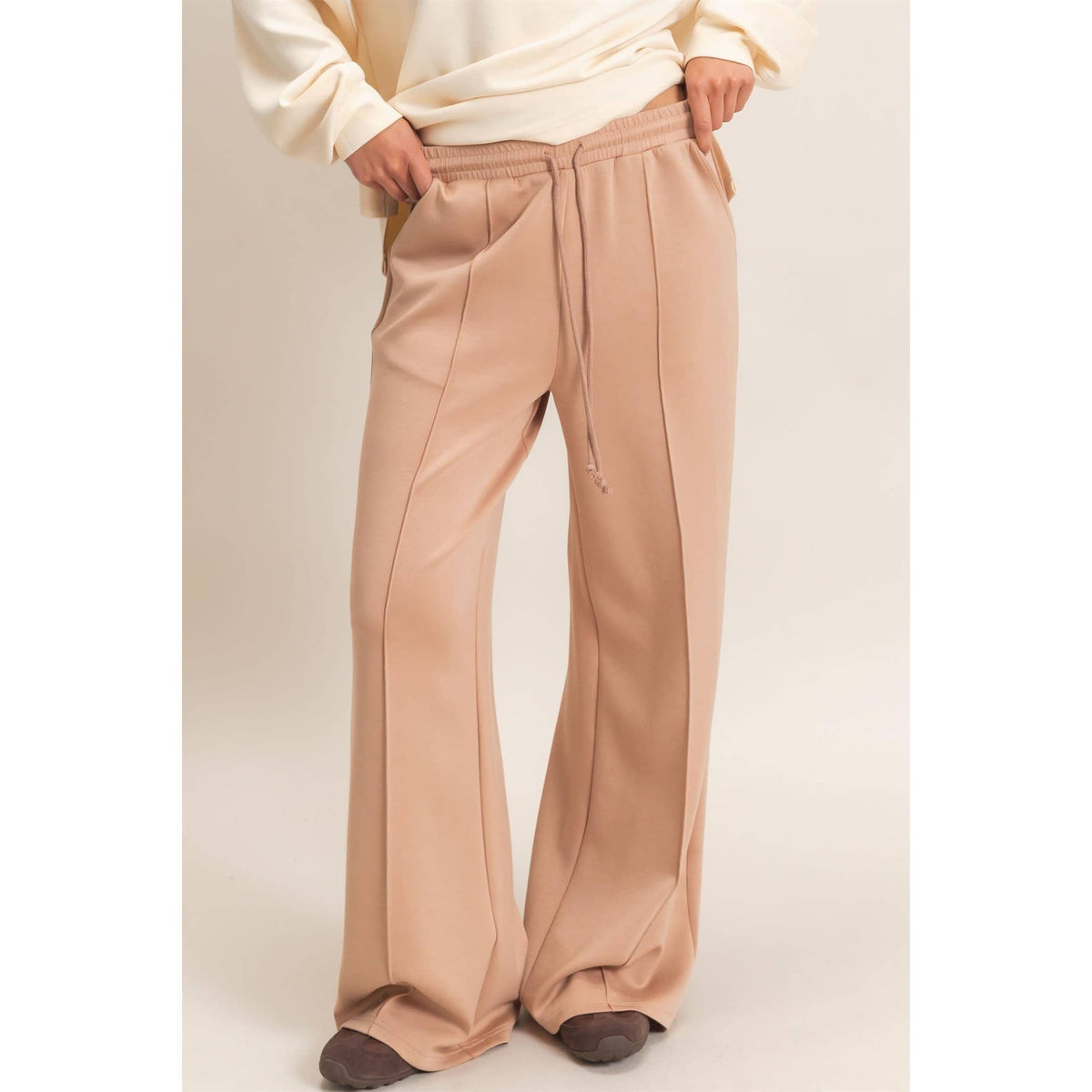 Drawstring Waist Pintuck Wide Leg Pants