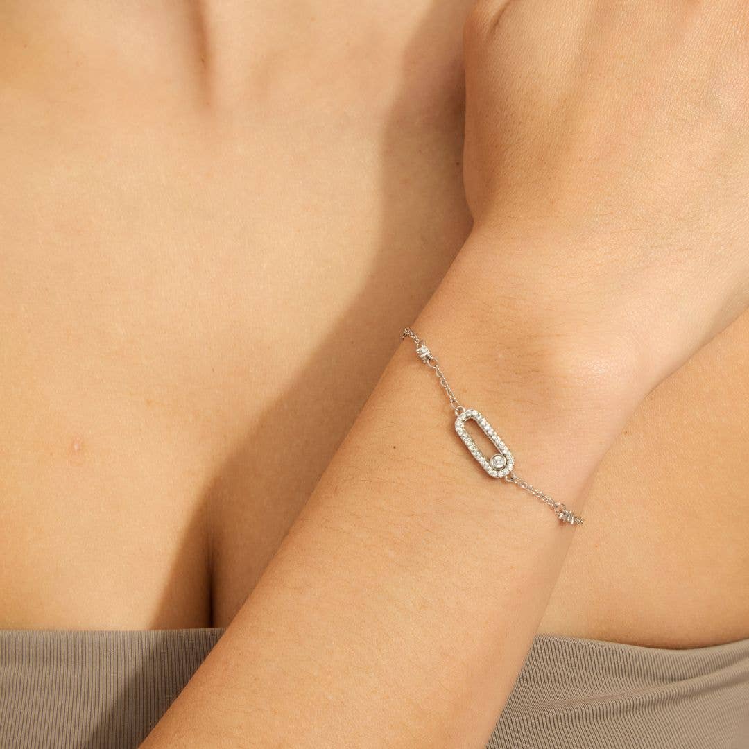 Sterling Silver Plated Adjustable CZ Dancing Stone Bracelet