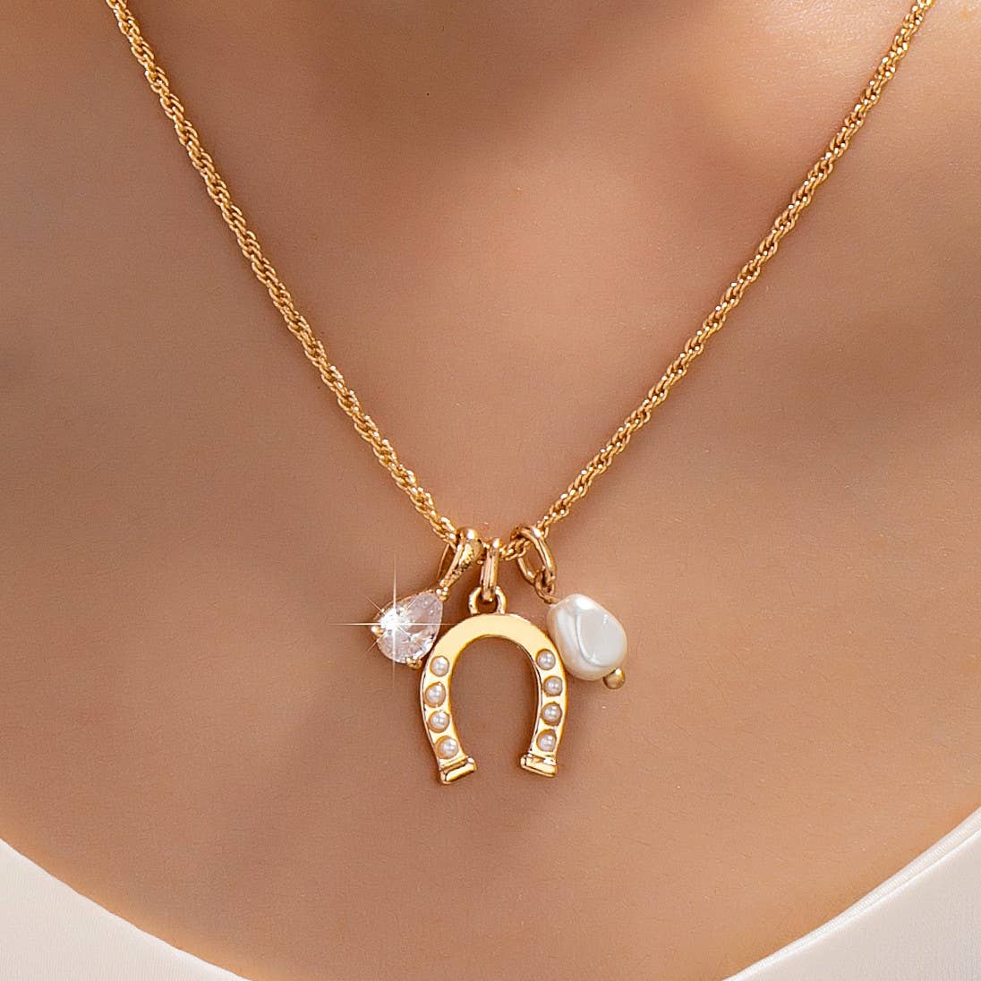 Pave Horseshoe & Pearl Drop Charm Necklace