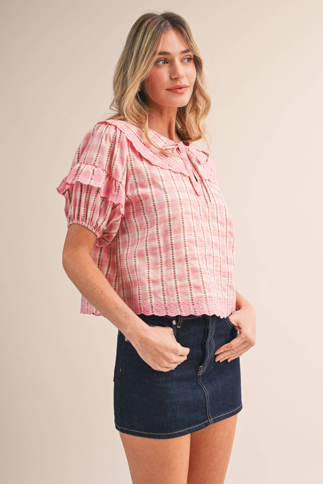 FLORAL GINGHAM EMBROIDERED DOLL COLLAR TOP MTP4602: YELLOW GINGHAM / S