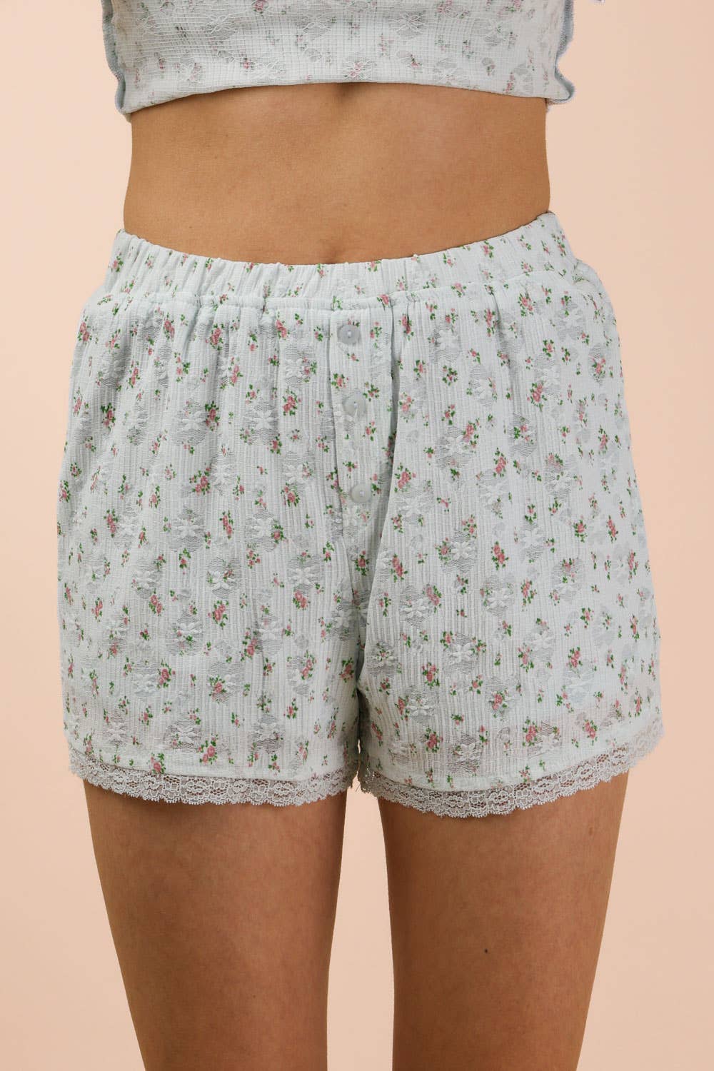 NT12294SET-Floral Printed Lace Trim Knit Top & Shorts Set: WHITE / S-M-L/2-2-2