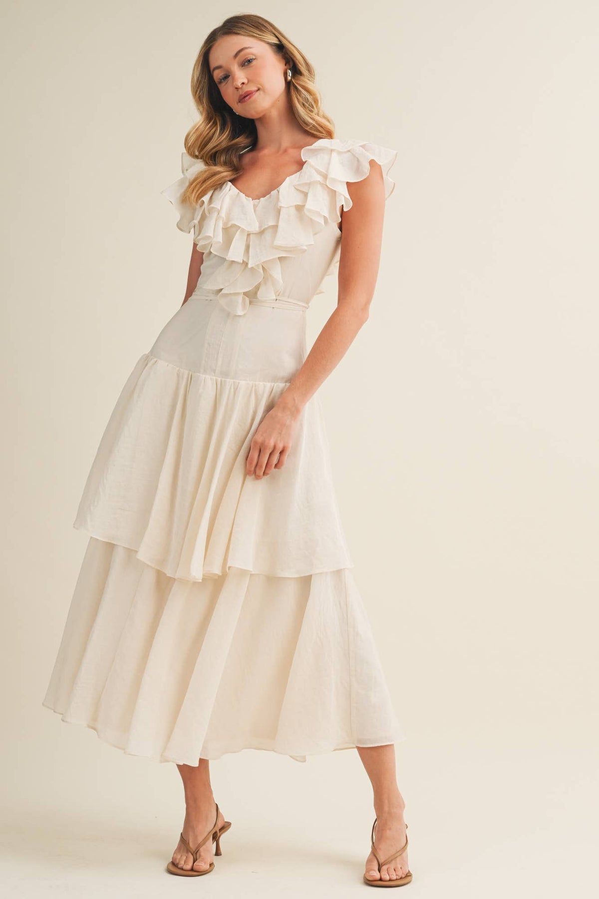 V-Neck Ruffle Cascade Tiered Dress