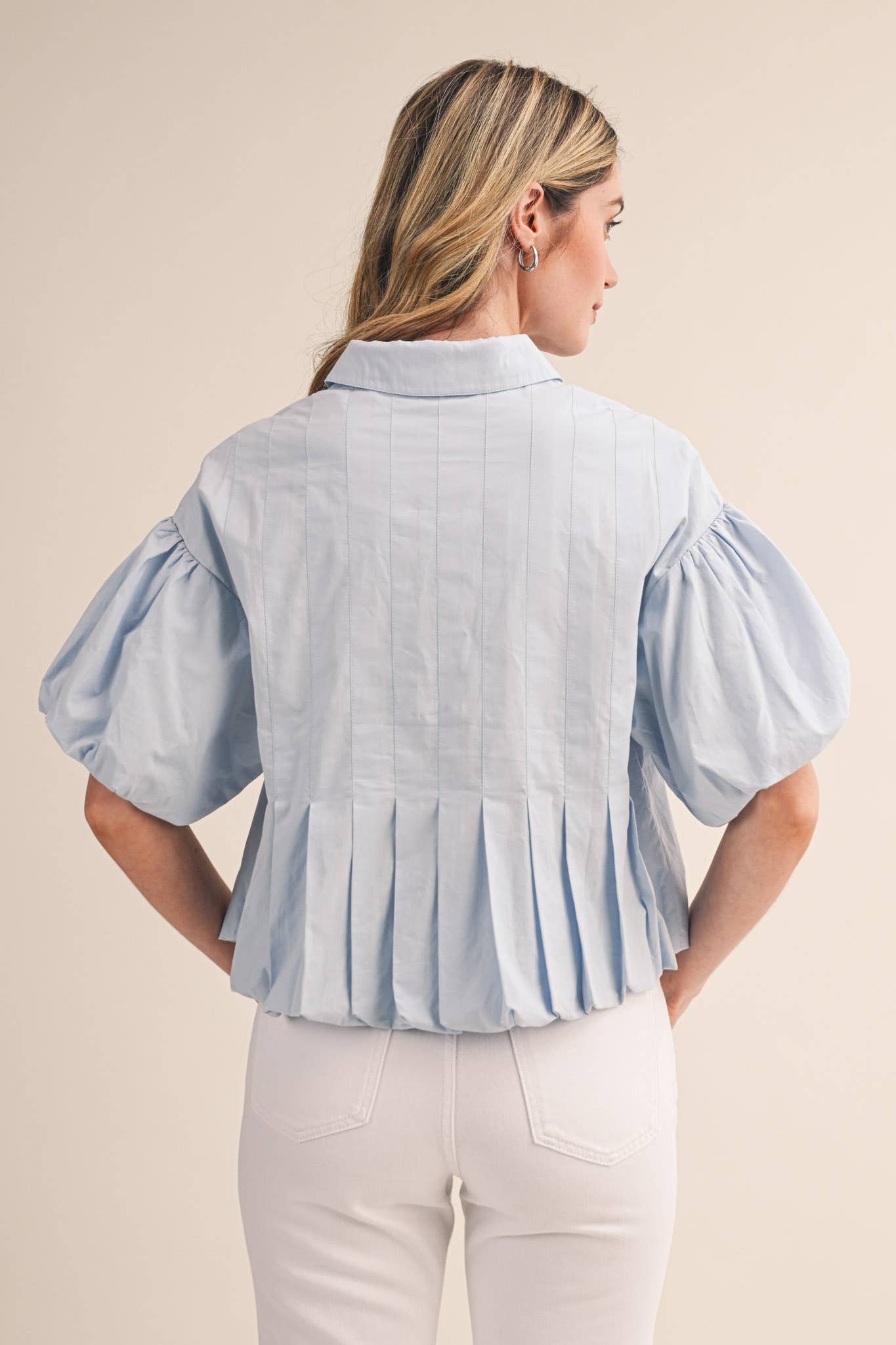 PLEATED BUBBLE HEM BUTTON DOWN TOP MTP4694: BANANA CREAM / S