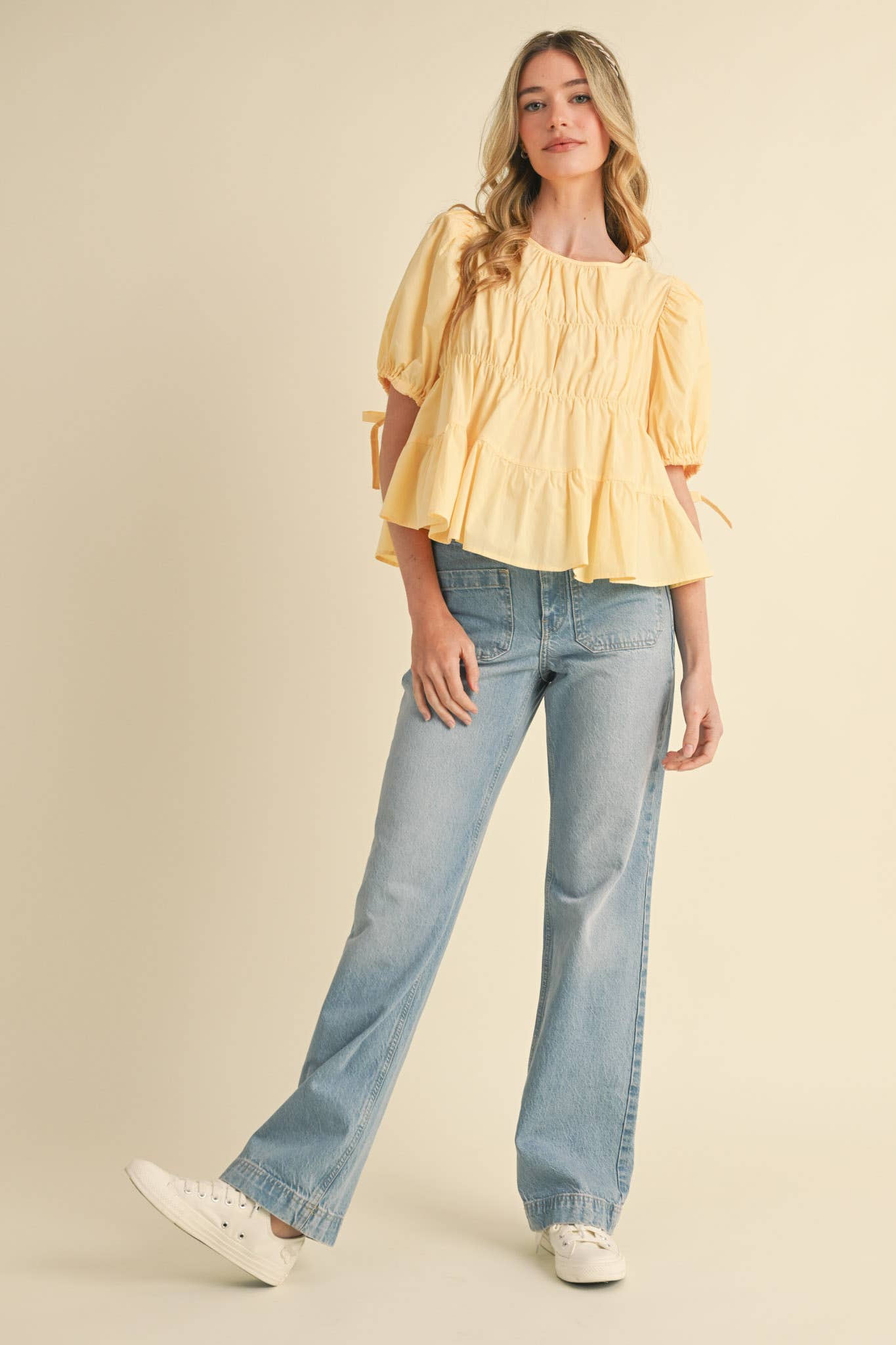 TIERED SHIRRING PUFF SLEEVE TOP MTP3081: PEACH FUZZ / S