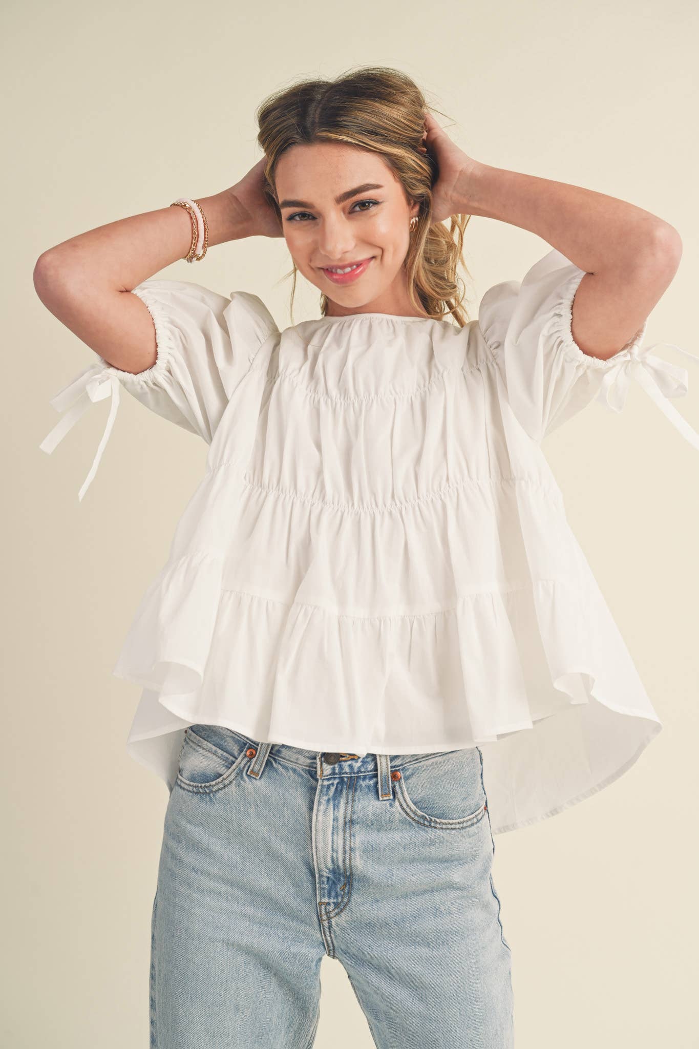 TIERED SHIRRING PUFF SLEEVE TOP MTP3081: PEACH FUZZ / S