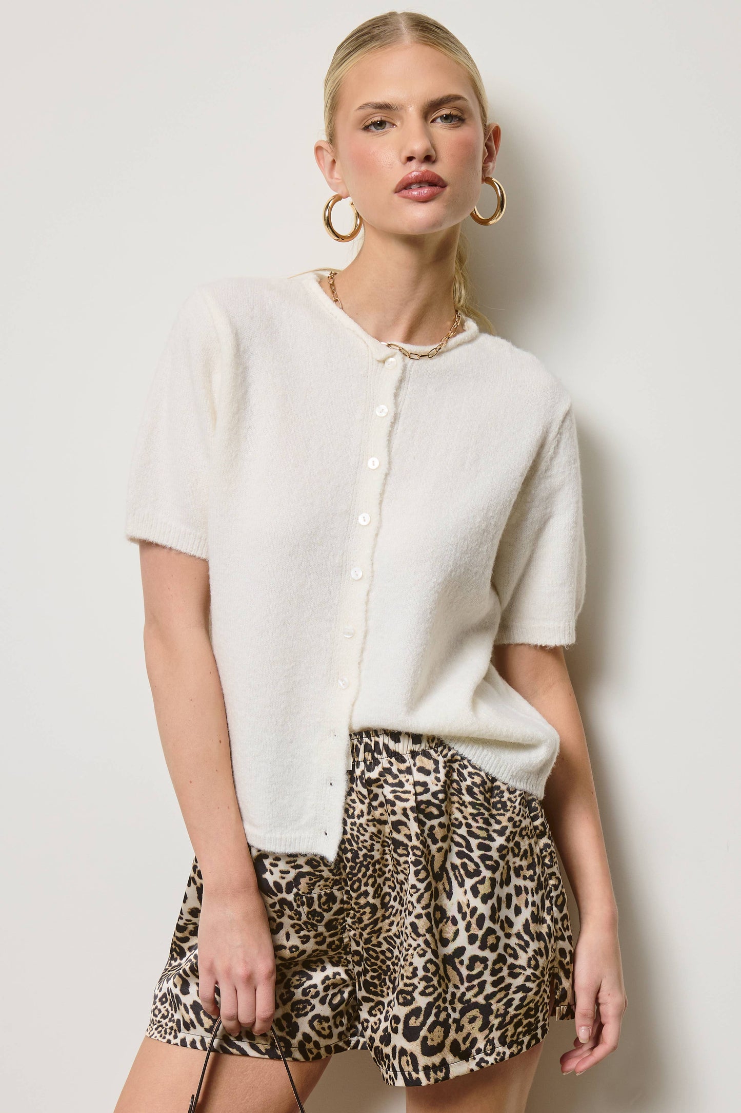 Short Sleeve Button Down Cardigan Top: Tangerine / S