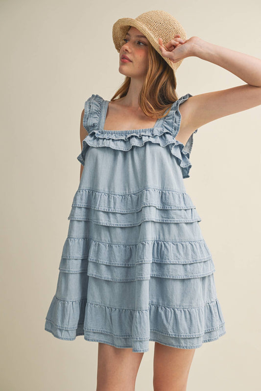 Ruffled Strap Tiered Denim Dress