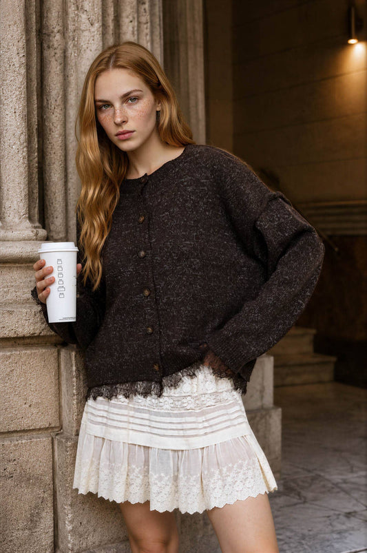 LACE TRIM EXPOSED SEAM BUTTON DOWN KNIT CARDIGAN