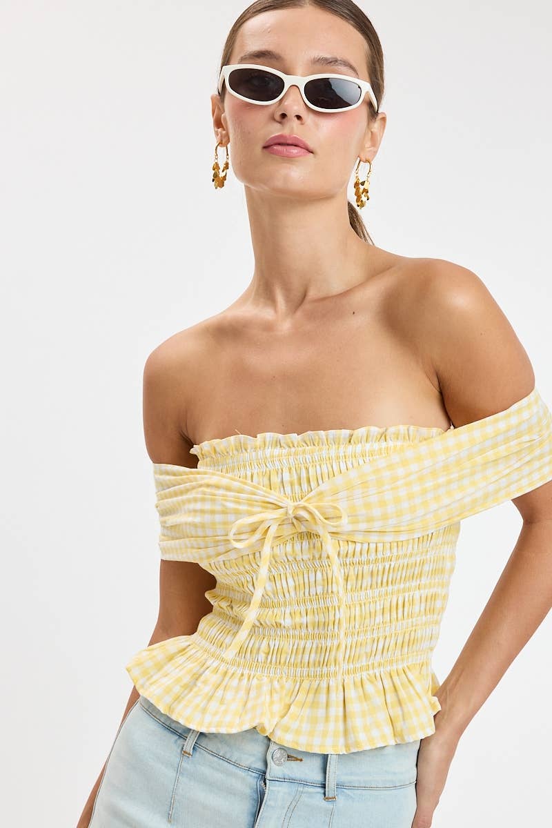 CHECKER OFF-SHOULDER SMOCKED BODY TIE TUBE TOP: RED CHECKER / S