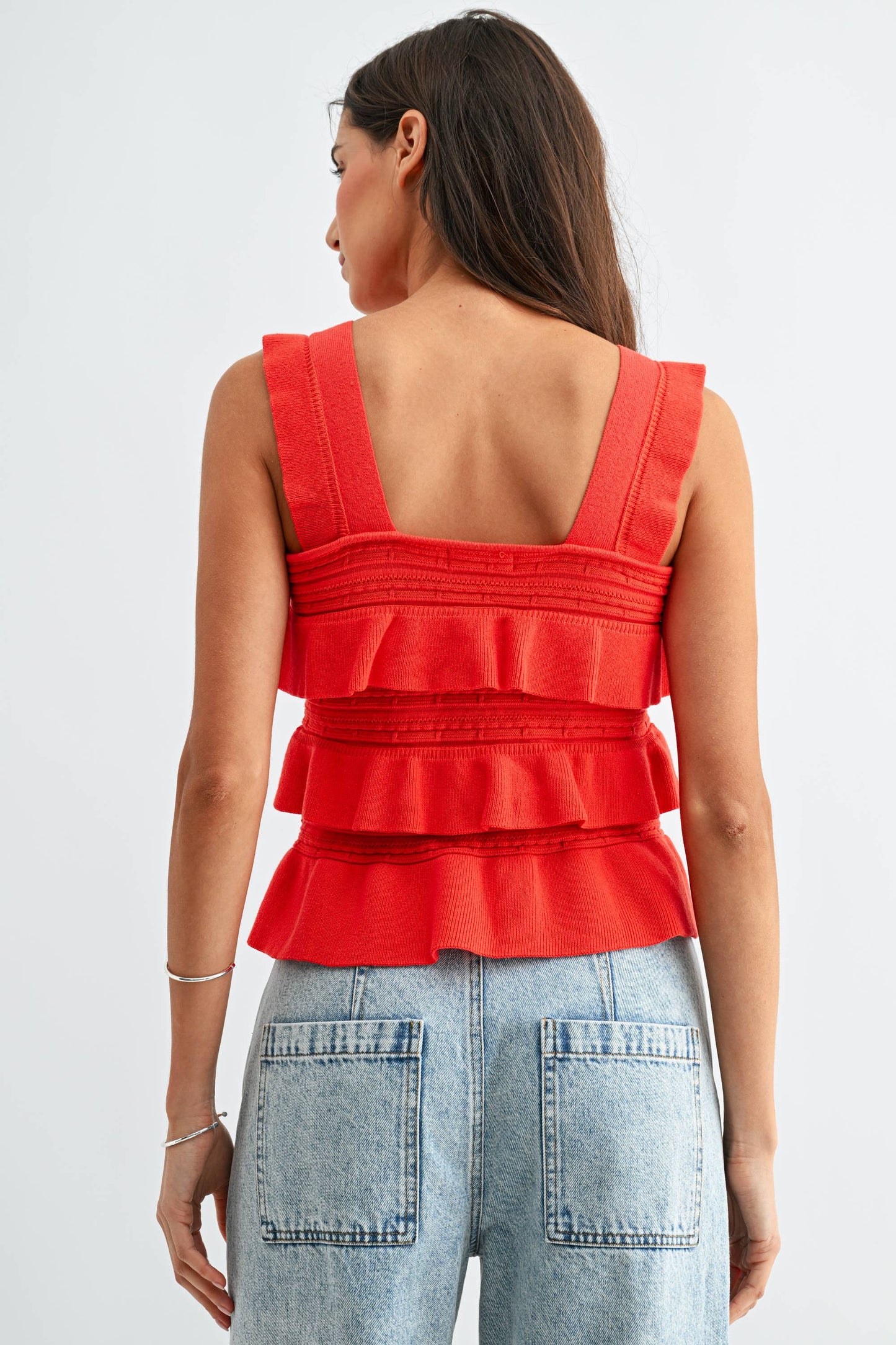 CW10030E Red Ruffled Knit Sleeveless Top: TOMATO RED / S-M-L (3-2-1)