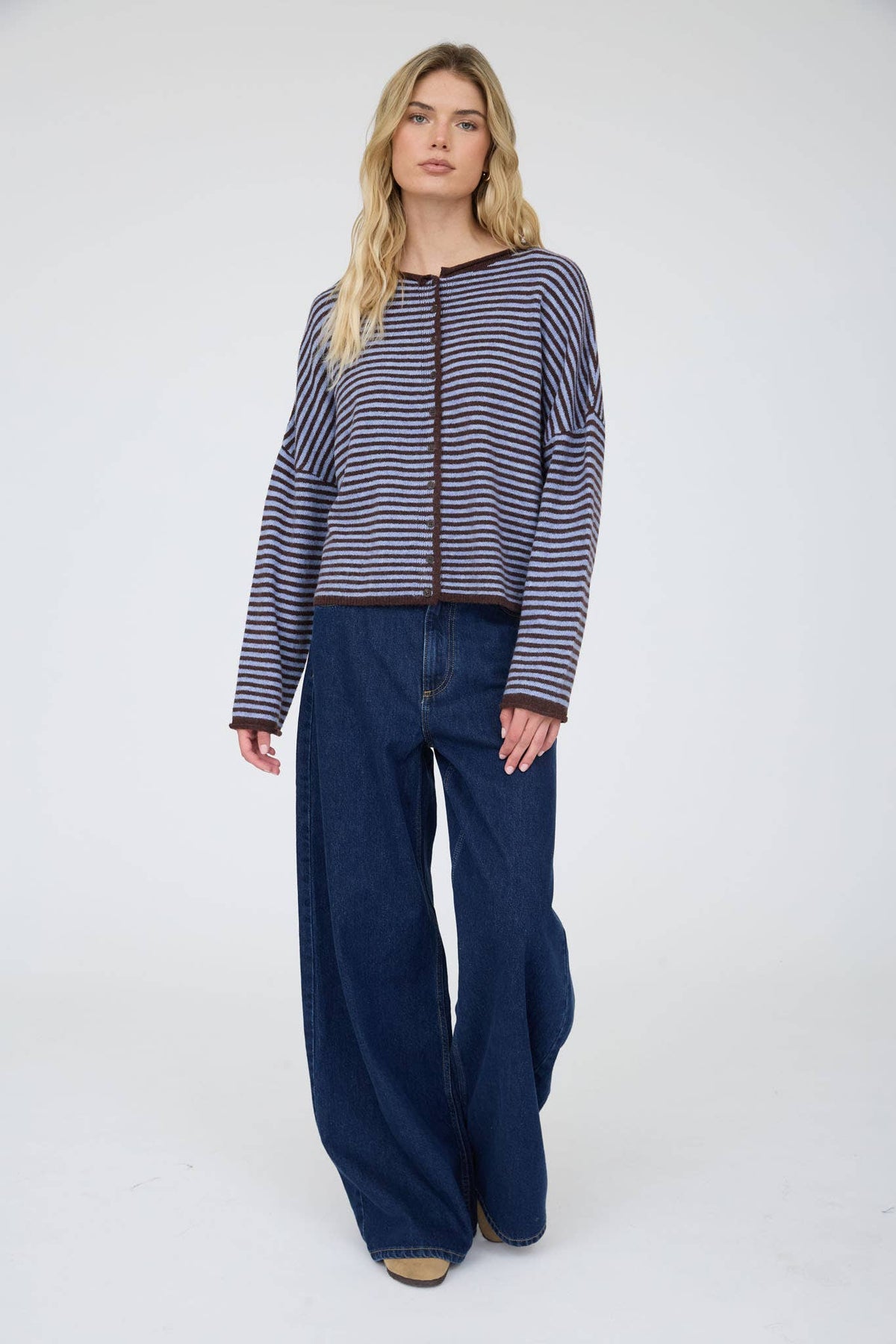 STRIPE RAW EDGE BUTTON DOWN LONG SLEEVE CARDIGAN