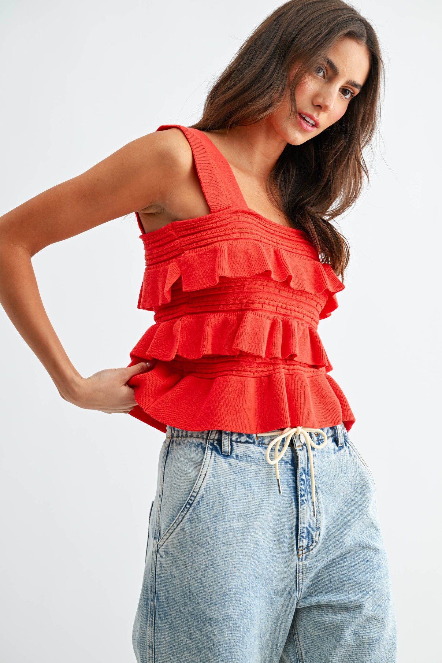 CW10030E Red Ruffled Knit Sleeveless Top: TOMATO RED / S-M-L (3-2-1)