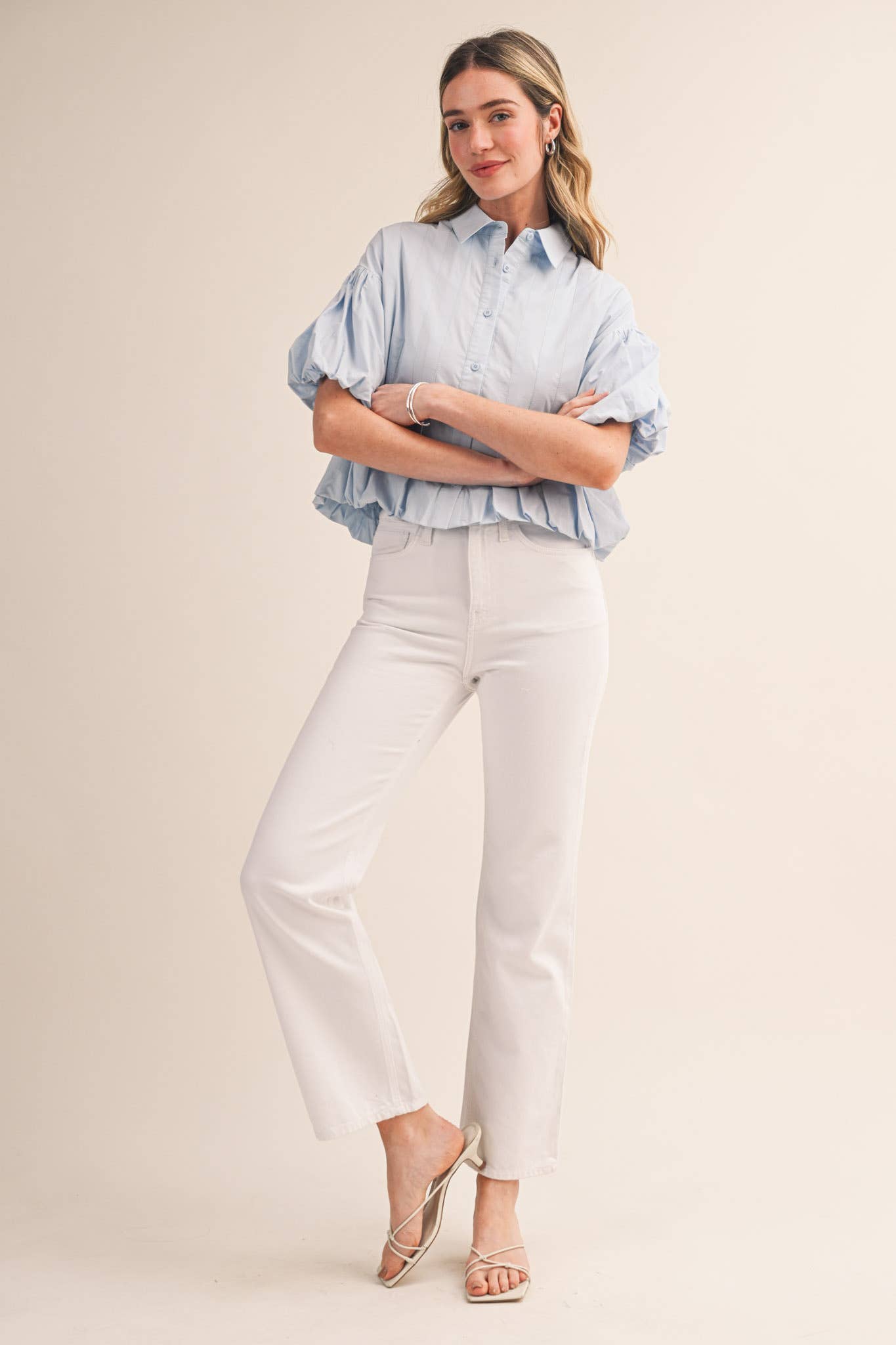 PLEATED BUBBLE HEM BUTTON DOWN TOP MTP4694: BANANA CREAM / S