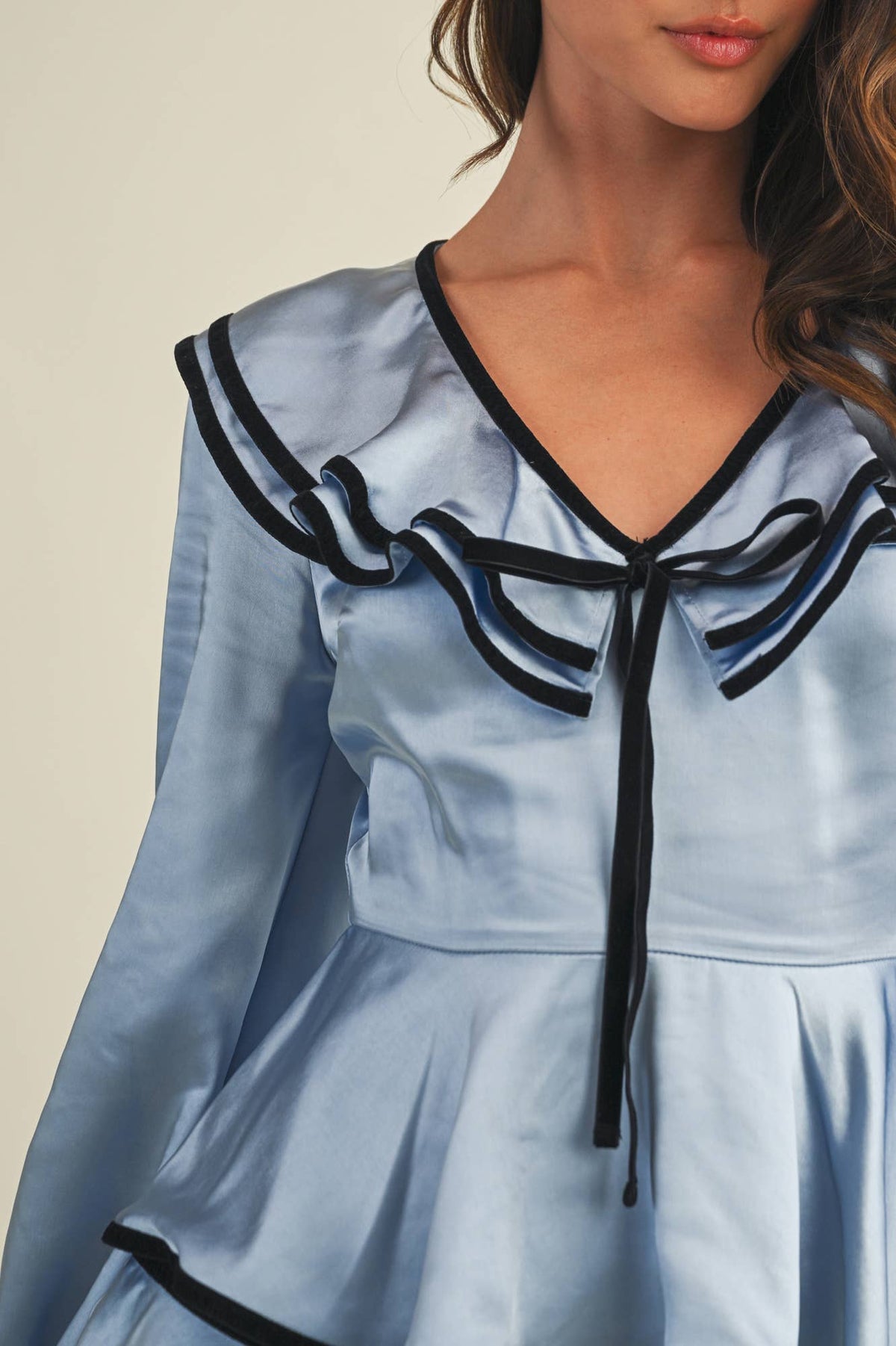 Ruffled Collar Velvet Trim Peplum Blouse