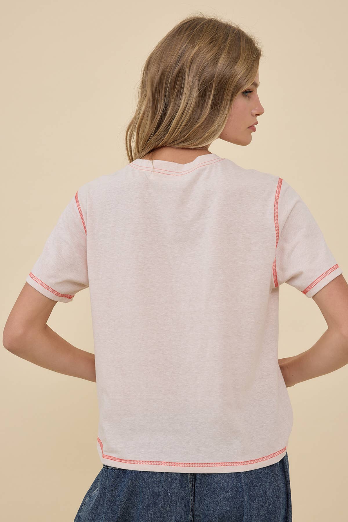 Western Boots Embroidered Contrast Stitch Tee - RTK1112: PEACH / S-M-L (3-2-1)
