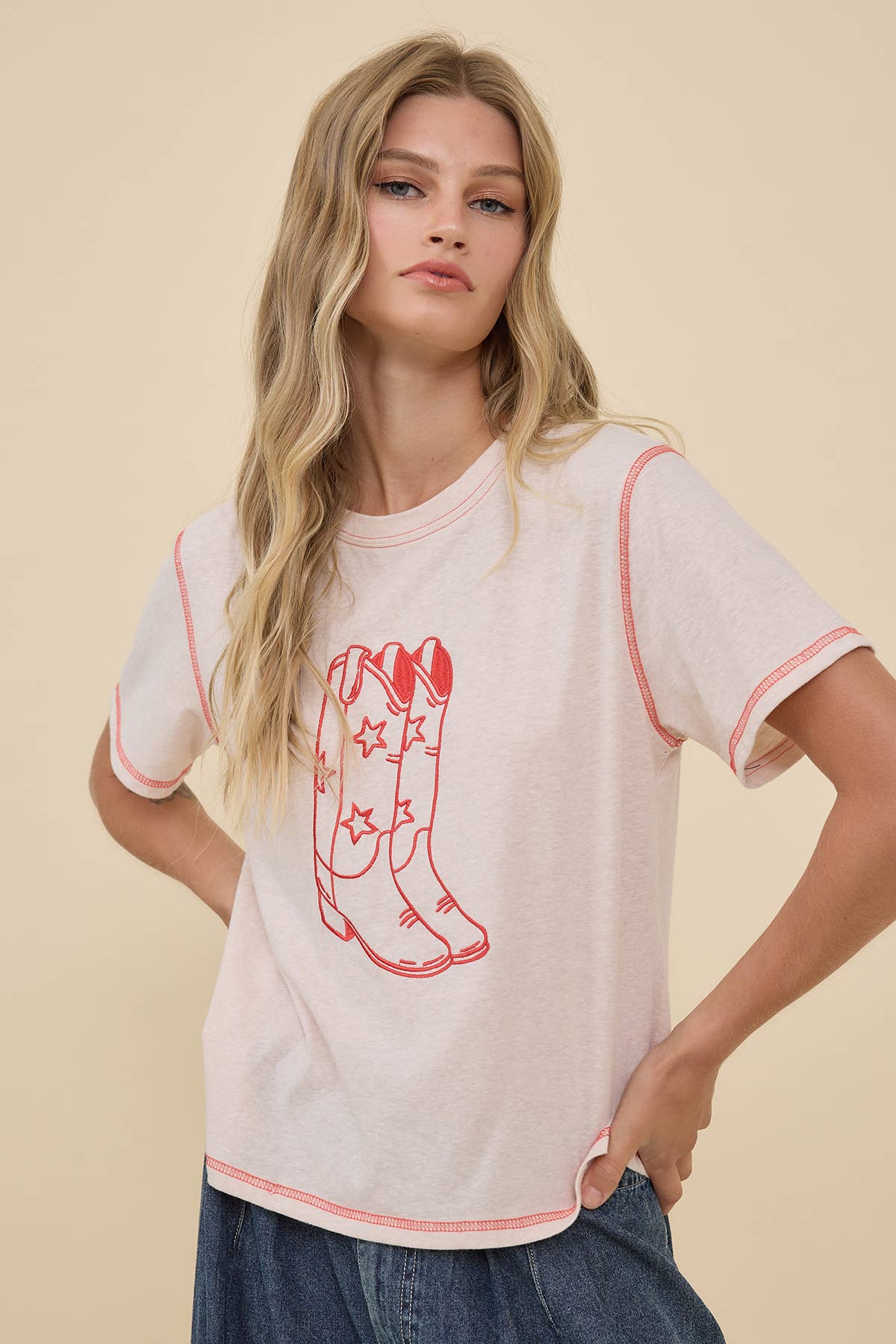 Western Boots Embroidered Contrast Stitch Tee - RTK1112: PEACH / S-M-L (3-2-1)