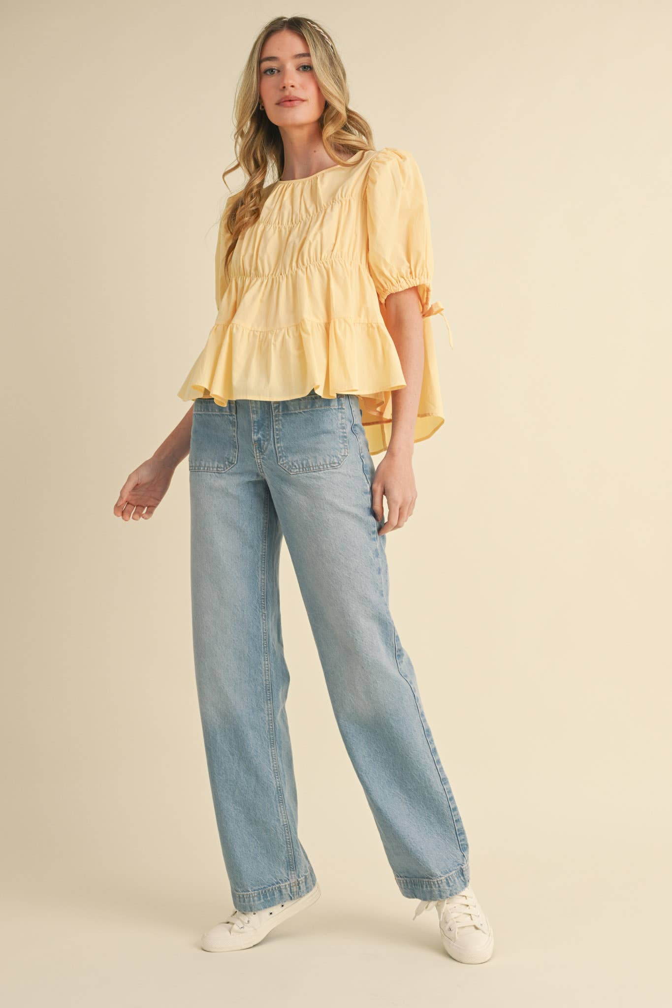 TIERED SHIRRING PUFF SLEEVE TOP MTP3081: PEACH FUZZ / S