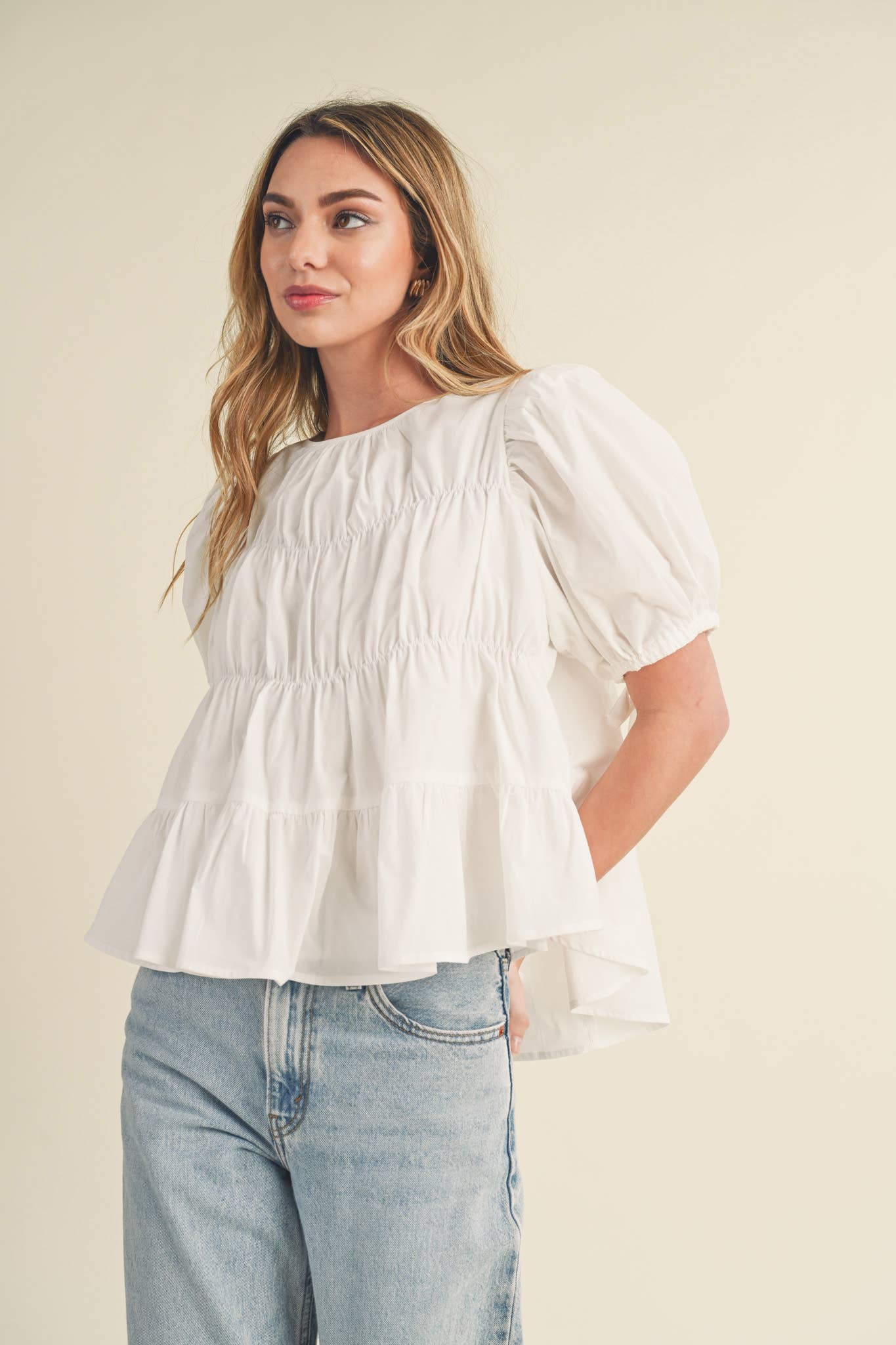 TIERED SHIRRING PUFF SLEEVE TOP MTP3081: PEACH FUZZ / S