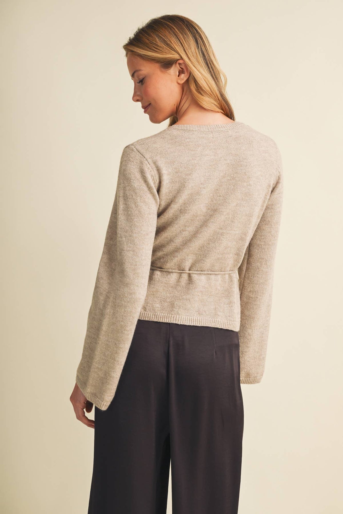 Self-Tie Waist Flared Sleeve Knit Blouse