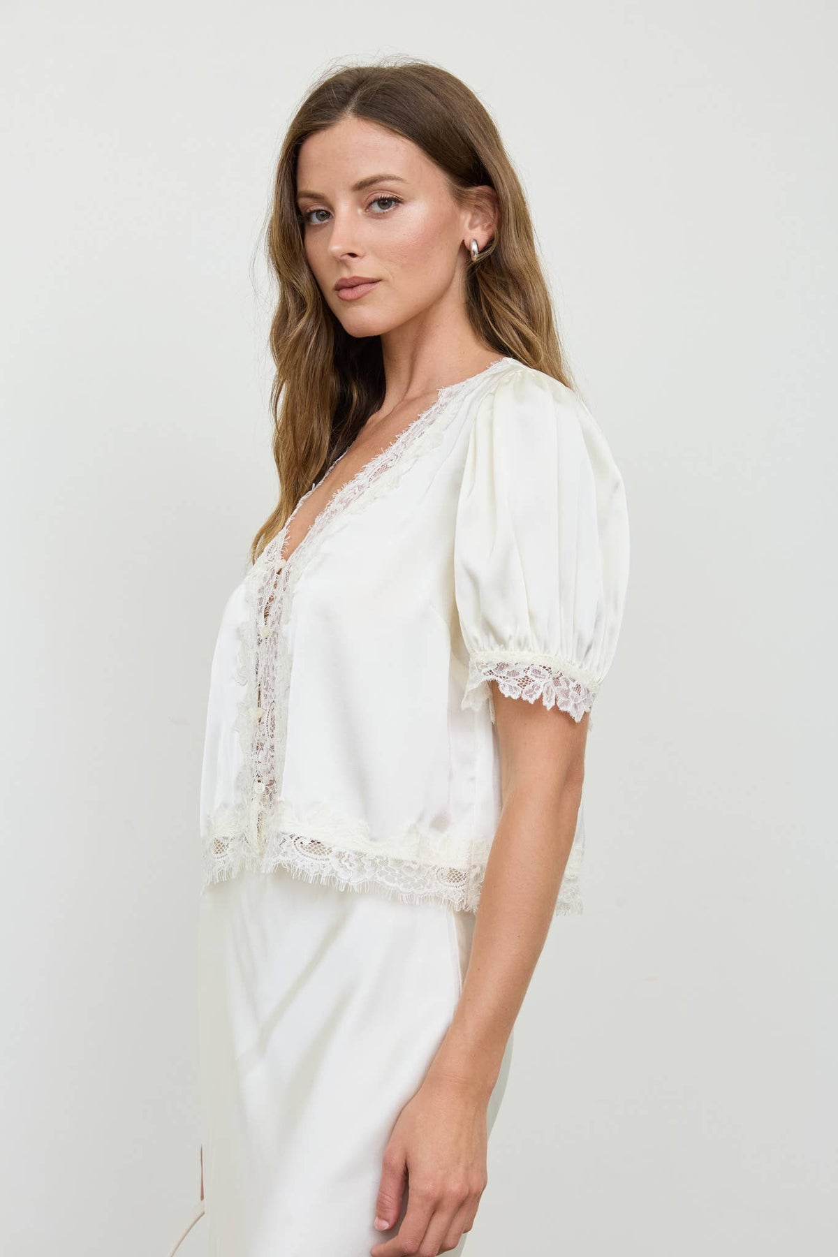 SATIN LACE TRIM V NECK PUFF SLEEVE BLOUSE