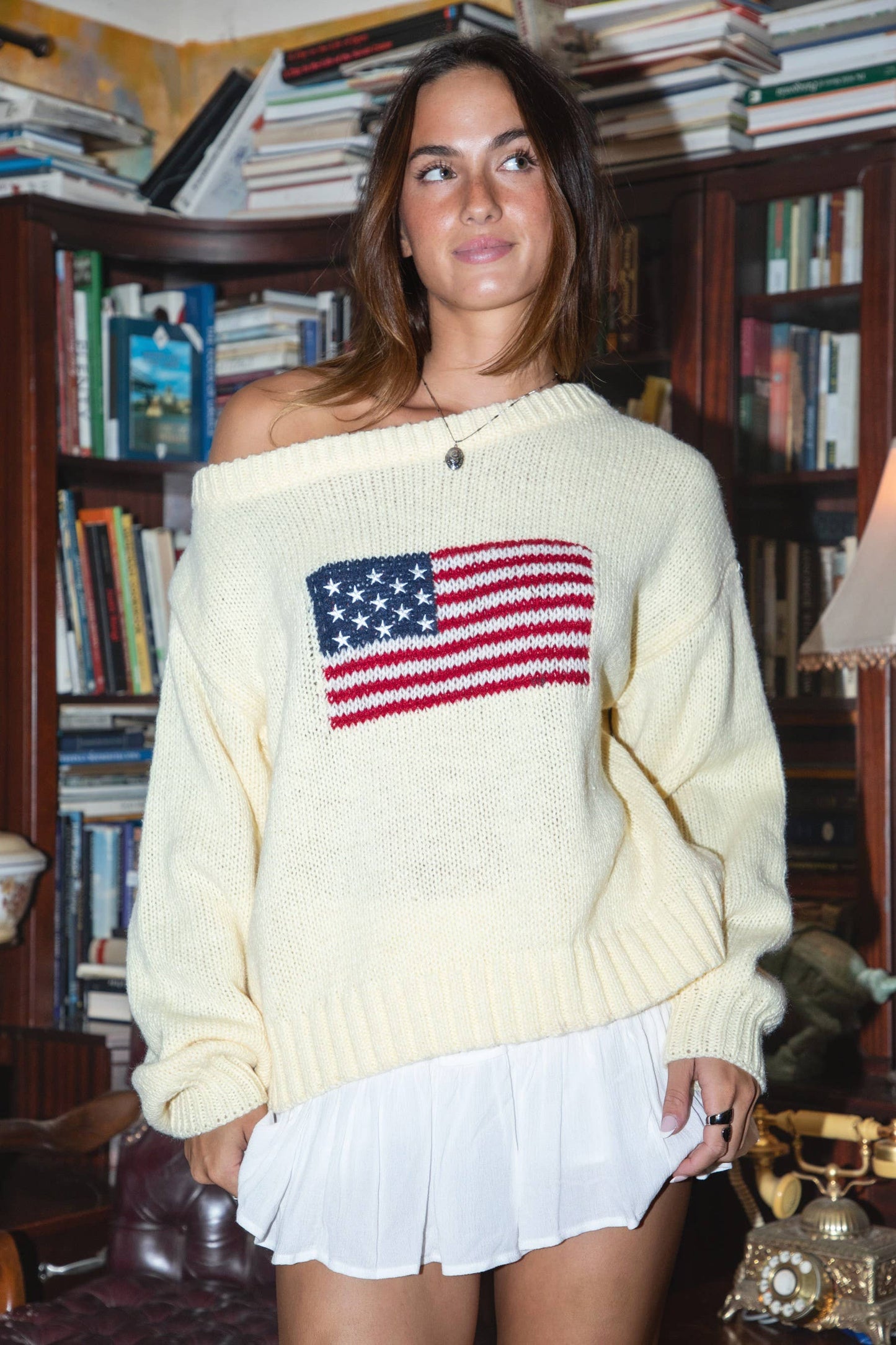 BRANDI American Flag Knit Off The Shoulder Lounge Sweater: Cream / 3 SMALL 2 MEDIUM 1 LARGE