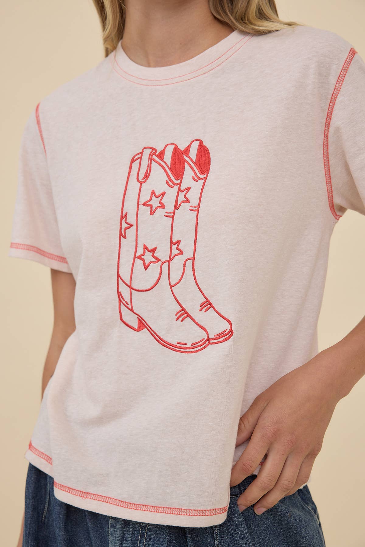 Western Boots Embroidered Contrast Stitch Tee - RTK1112: PEACH / S-M-L (3-2-1)