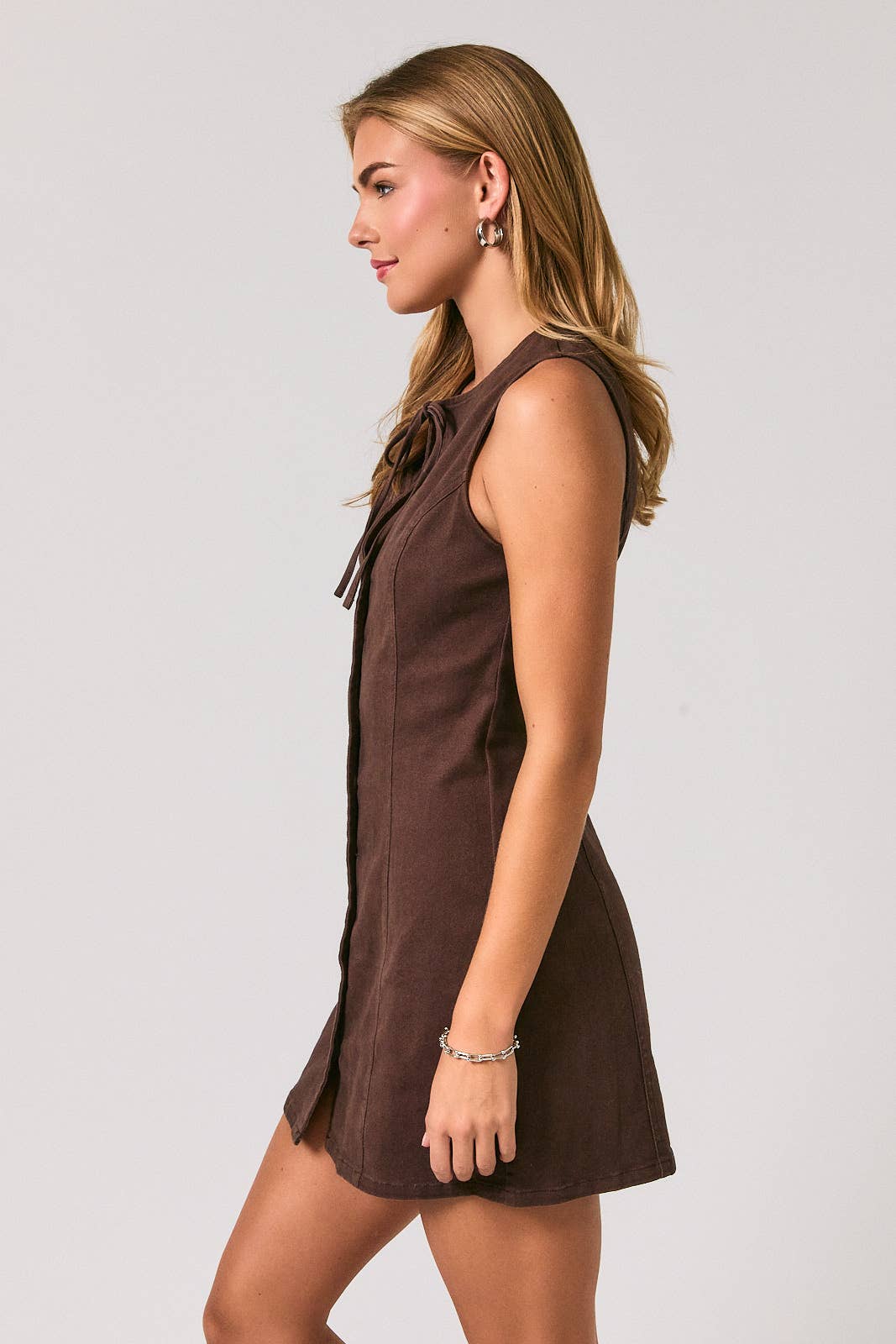 Keyhole Tie Button Front A-Line Mini Dress