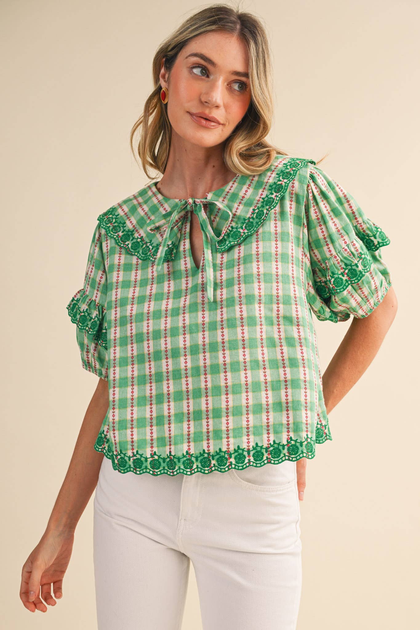 FLORAL GINGHAM EMBROIDERED DOLL COLLAR TOP MTP4602: YELLOW GINGHAM / S