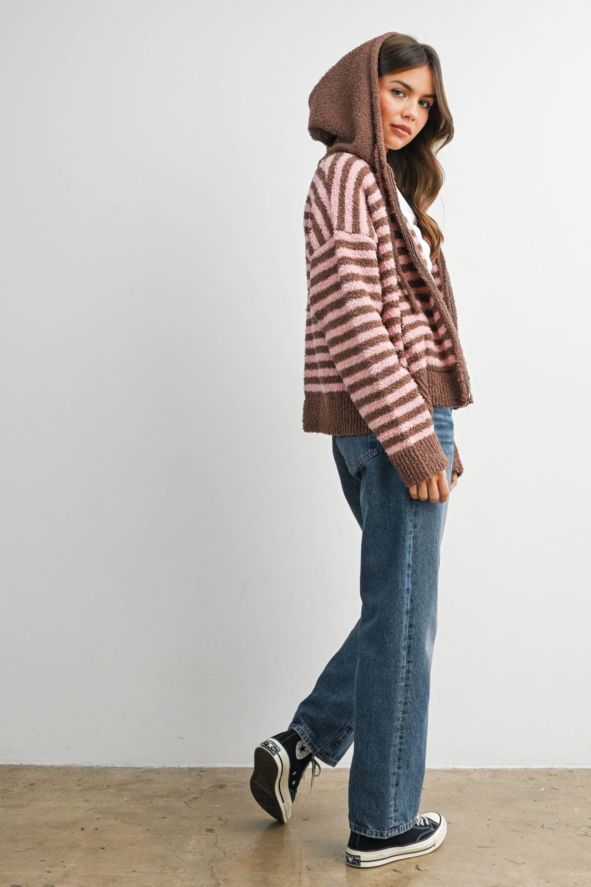 Striped Zip-Up Hooded Cardigan