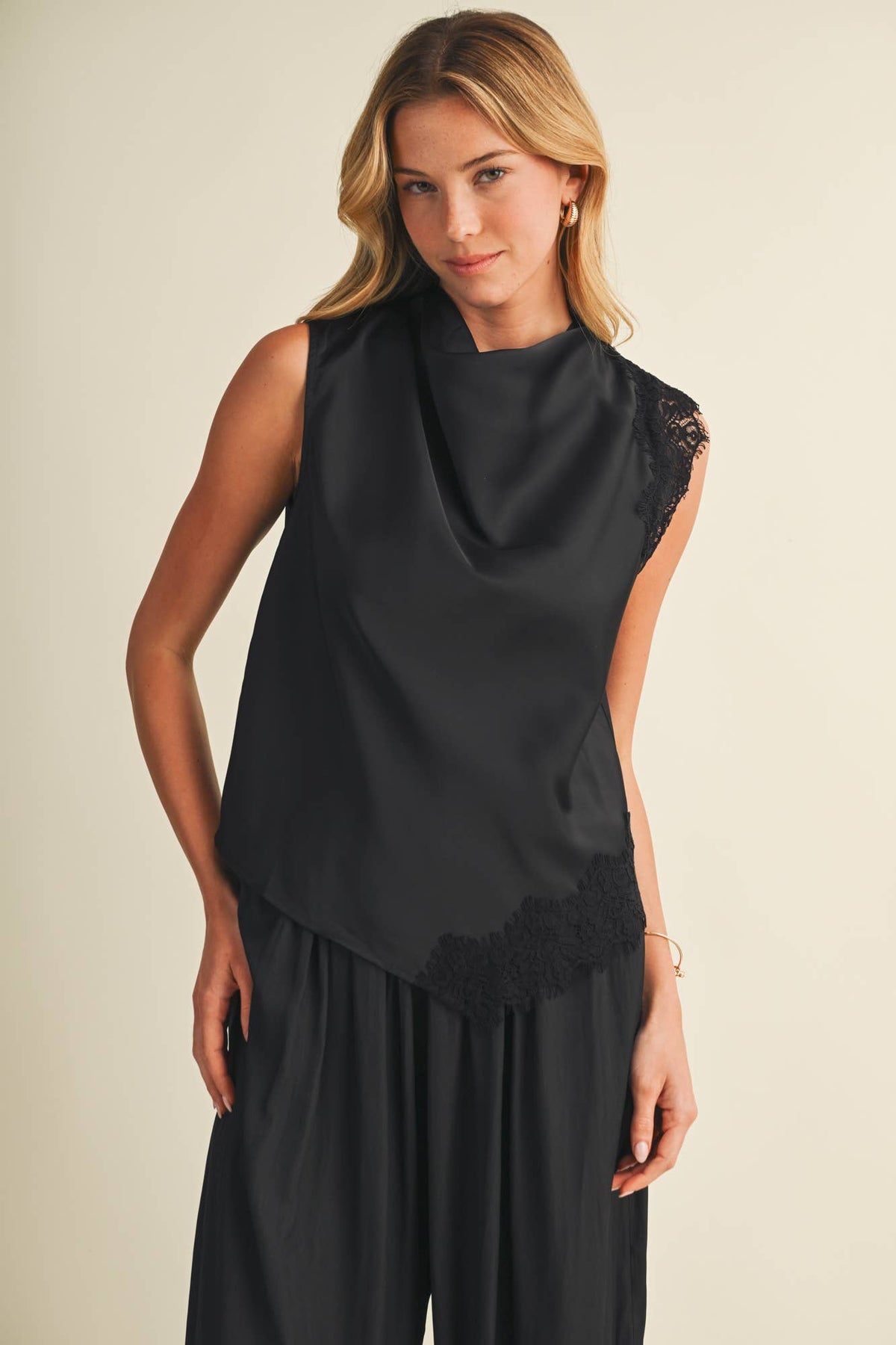 Asymmetric Cowl Neck Lace-Trim Blouse