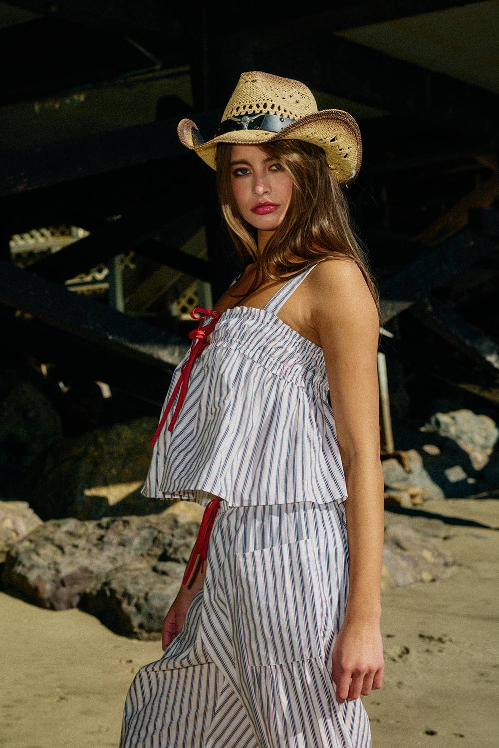 Self Tie Front Cotton Woven Stripe Print Tank Top