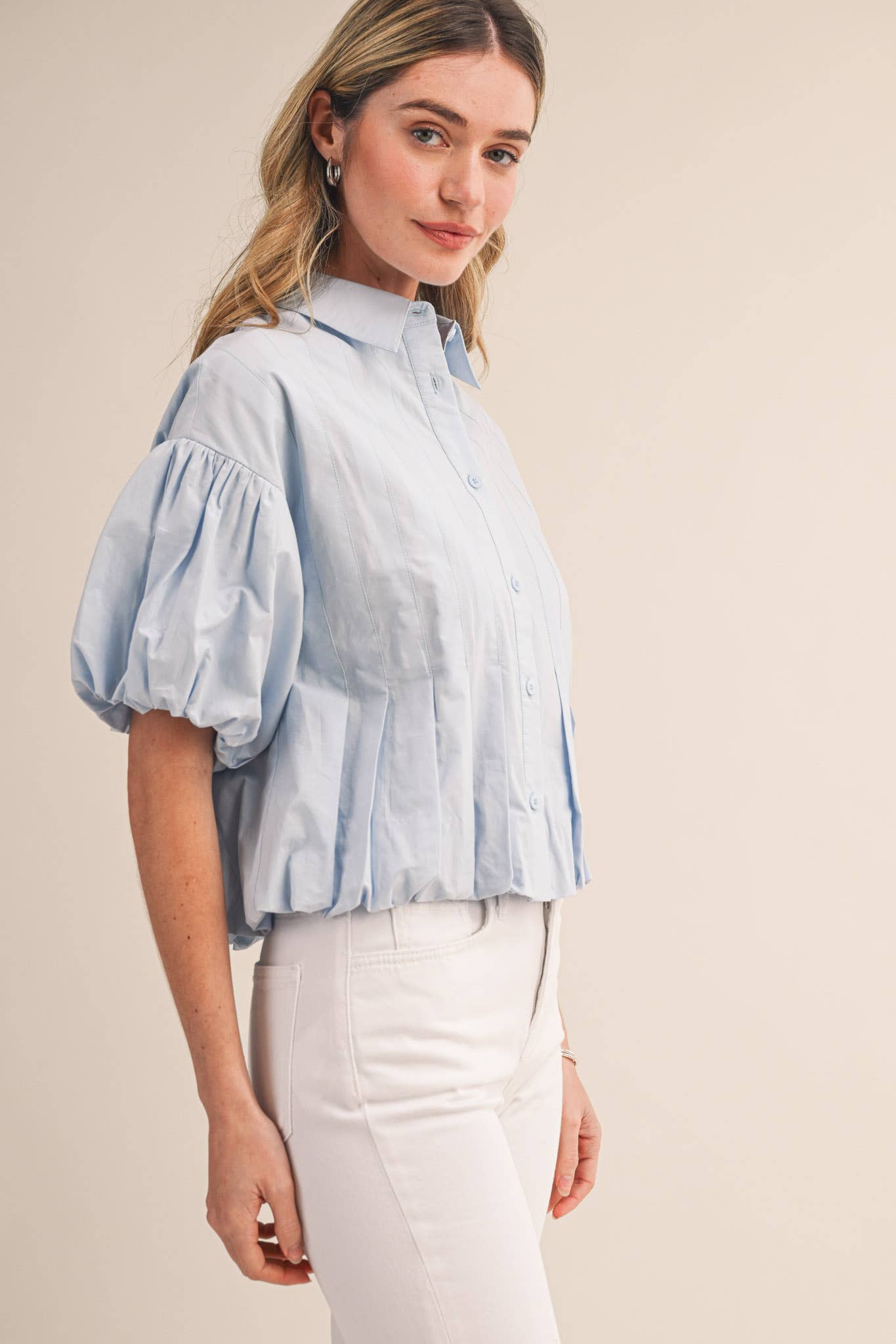 PLEATED BUBBLE HEM BUTTON DOWN TOP MTP4694: BANANA CREAM / S
