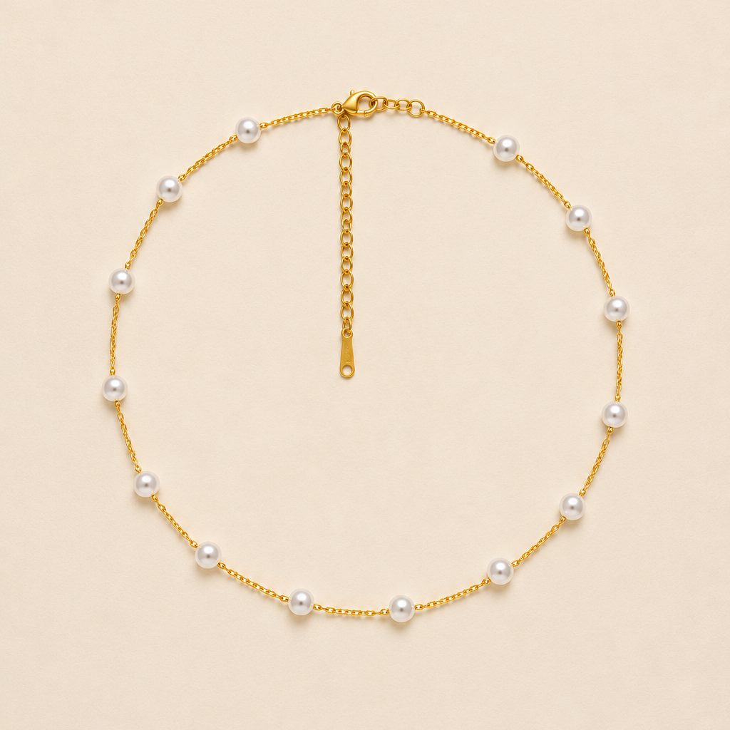 TITANIUM  STEEL NON-TARNISH PEARL STATION NECKLACE