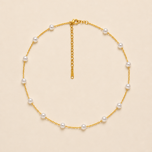 TITANIUM  STEEL NON-TARNISH PEARL STATION NECKLACE