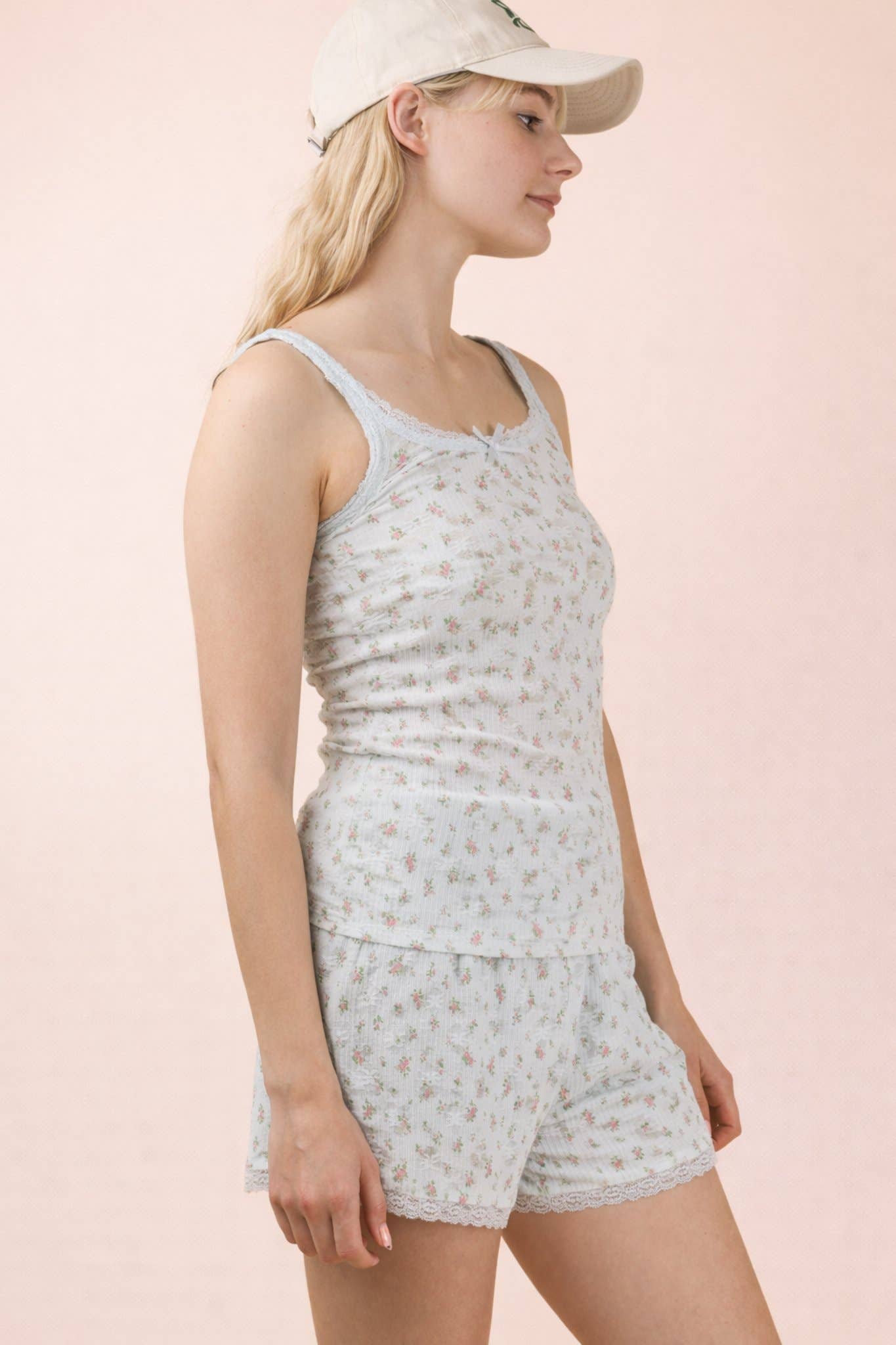NT12294SET-Floral Printed Lace Trim Knit Top & Shorts Set: WHITE / S-M-L/2-2-2
