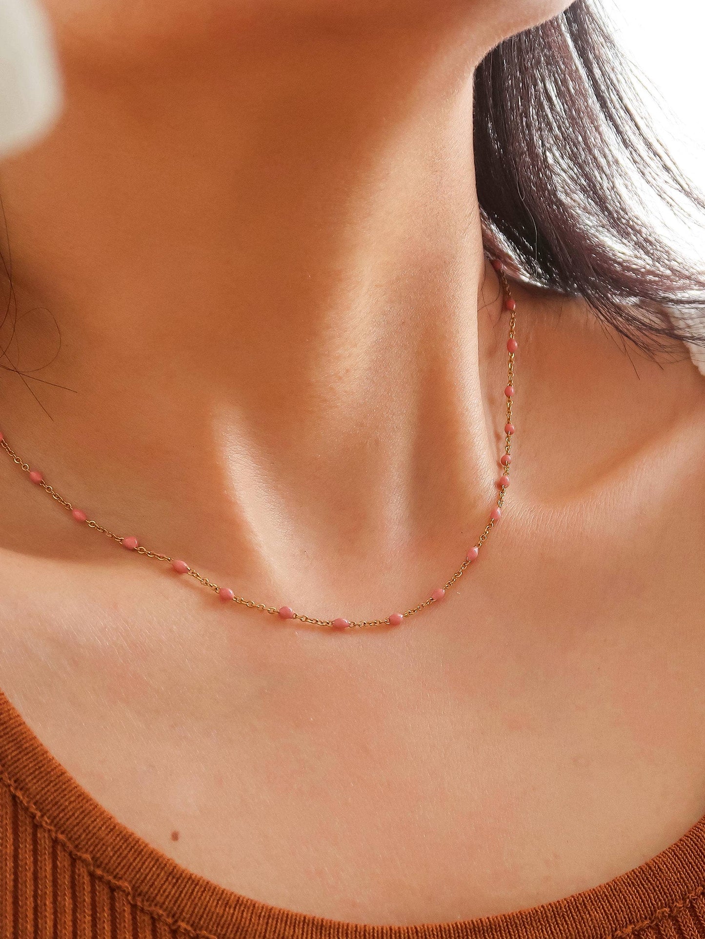 Beaded Petite Chain Necklace: Rose