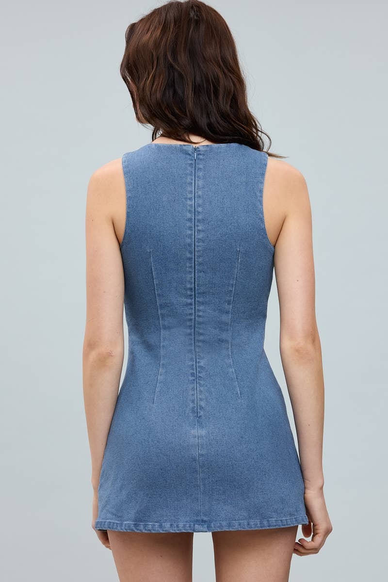 CASUAL DENIM BOAT NECK INSIDE SHORTS MINI DRESS: DENIM / S