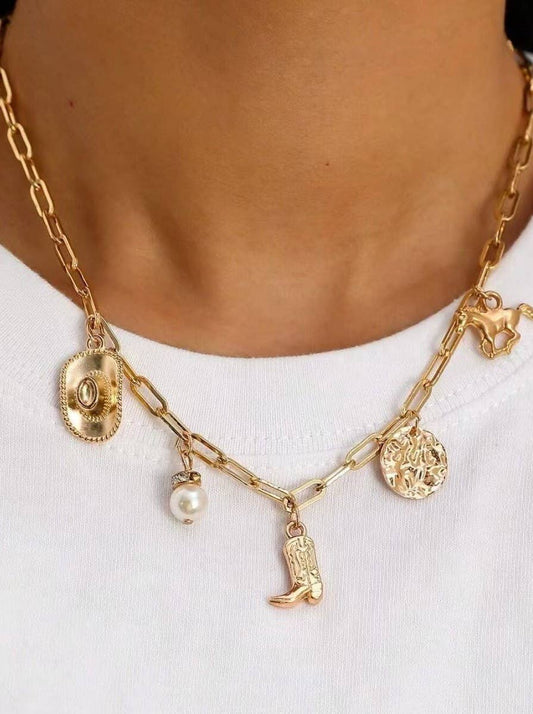 WESTERN BOOT STAR HAT HORSESHOE CHARM NECKLACE | 80N1187: Gold