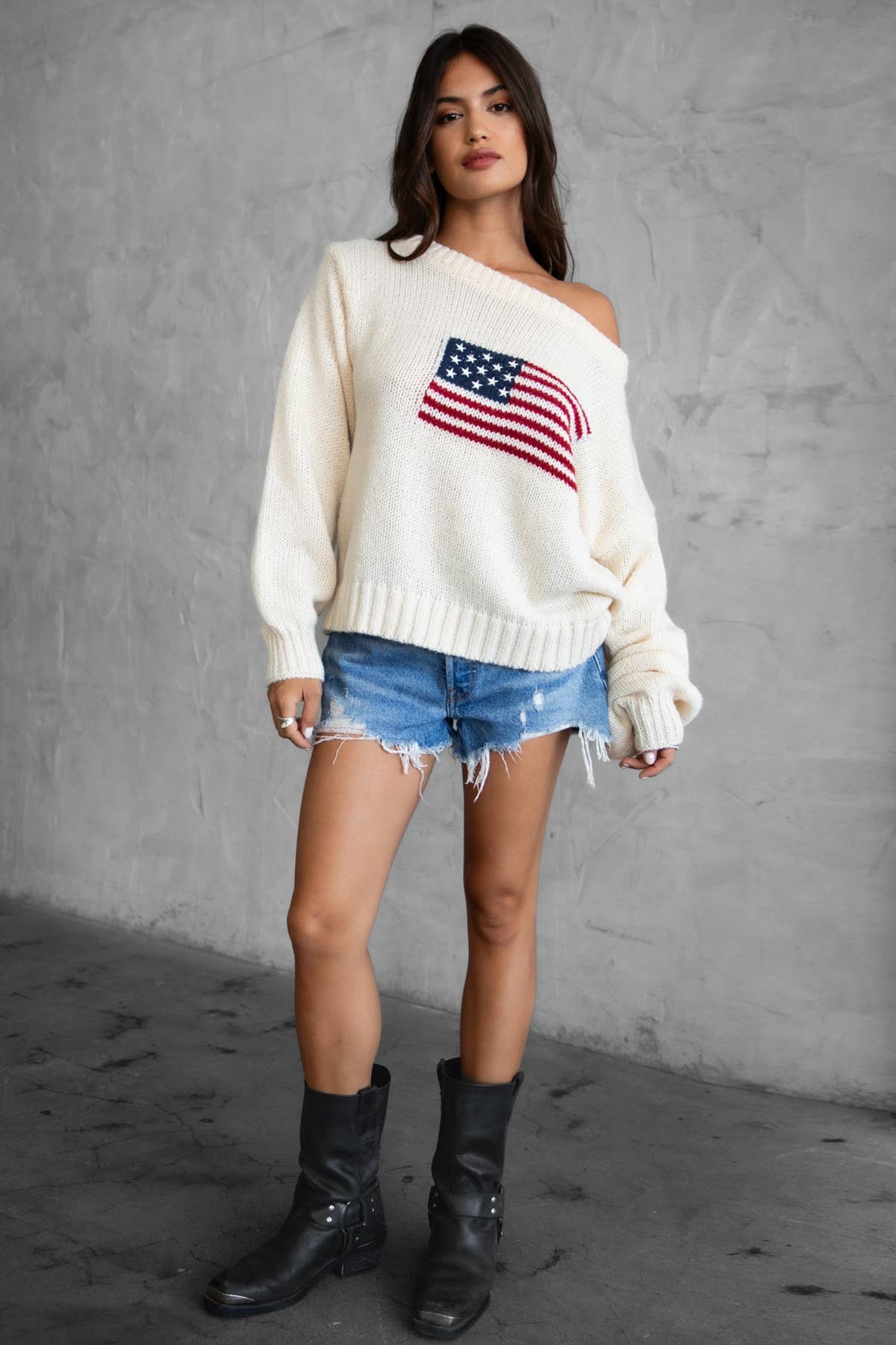 BRANDI American Flag Knit Off The Shoulder Lounge Sweater: Cream / 3 SMALL 2 MEDIUM 1 LARGE