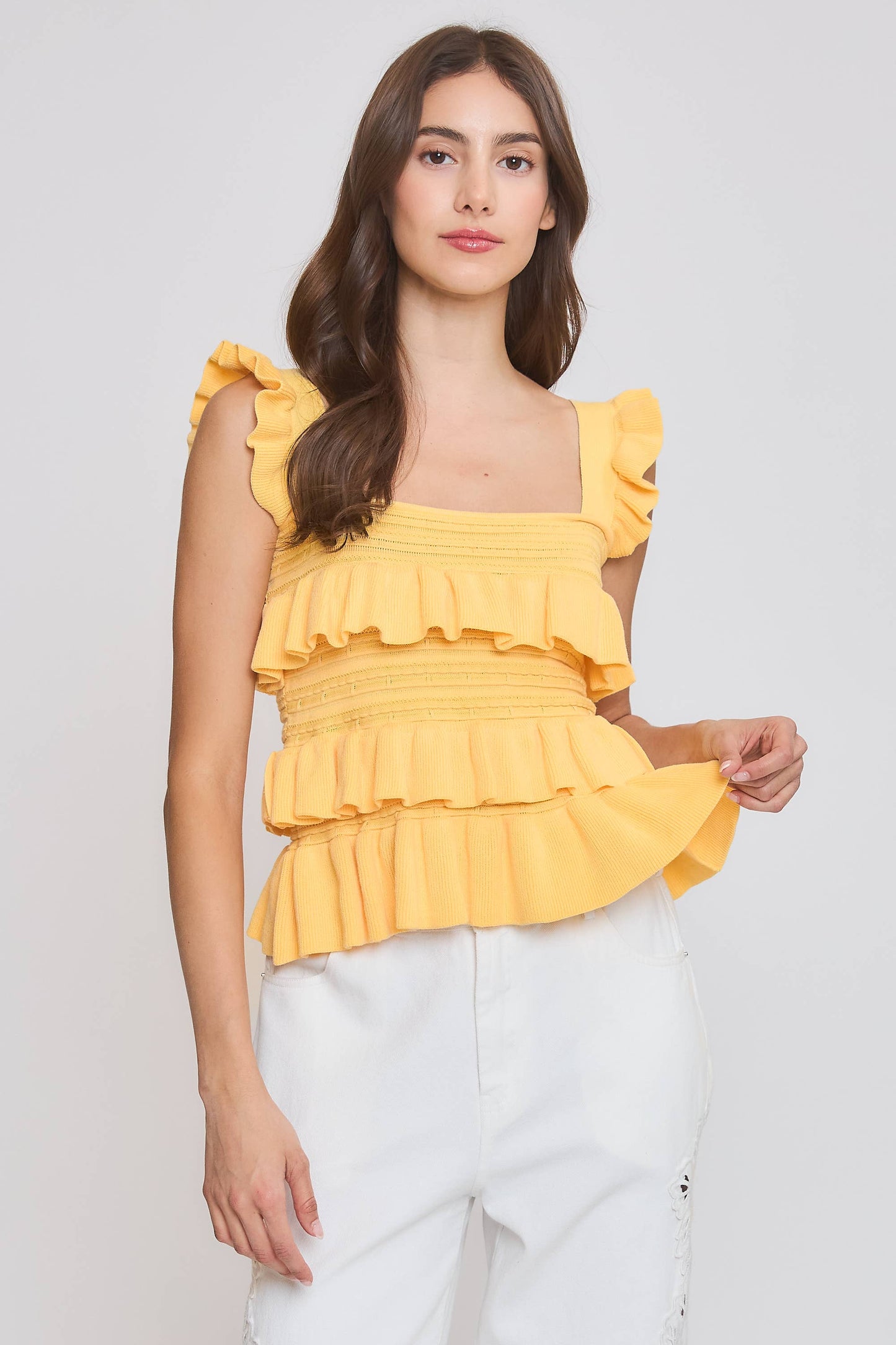 CW10030E Red Ruffled Knit Sleeveless Top: TOMATO RED / S-M-L (3-2-1)