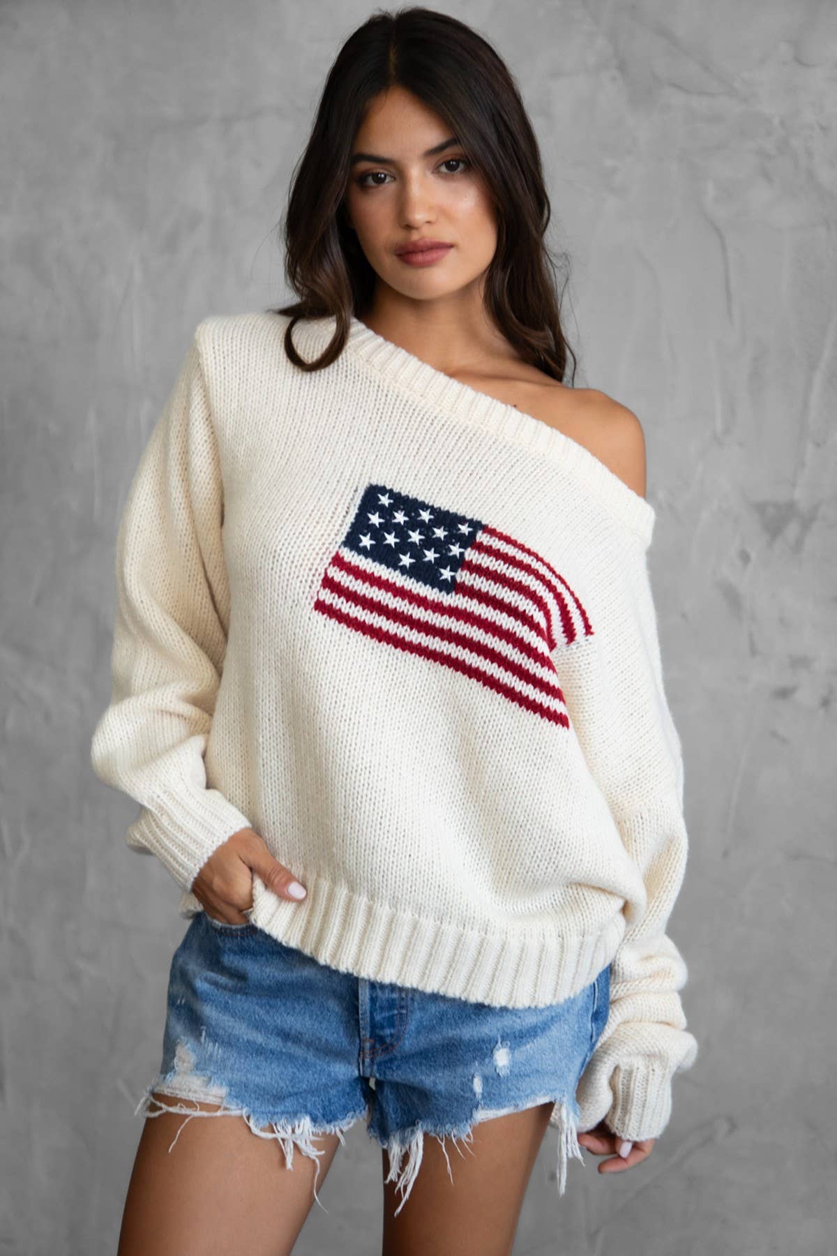 BRANDI American Flag Knit Off The Shoulder Lounge Sweater: Cream / 3 SMALL 2 MEDIUM 1 LARGE