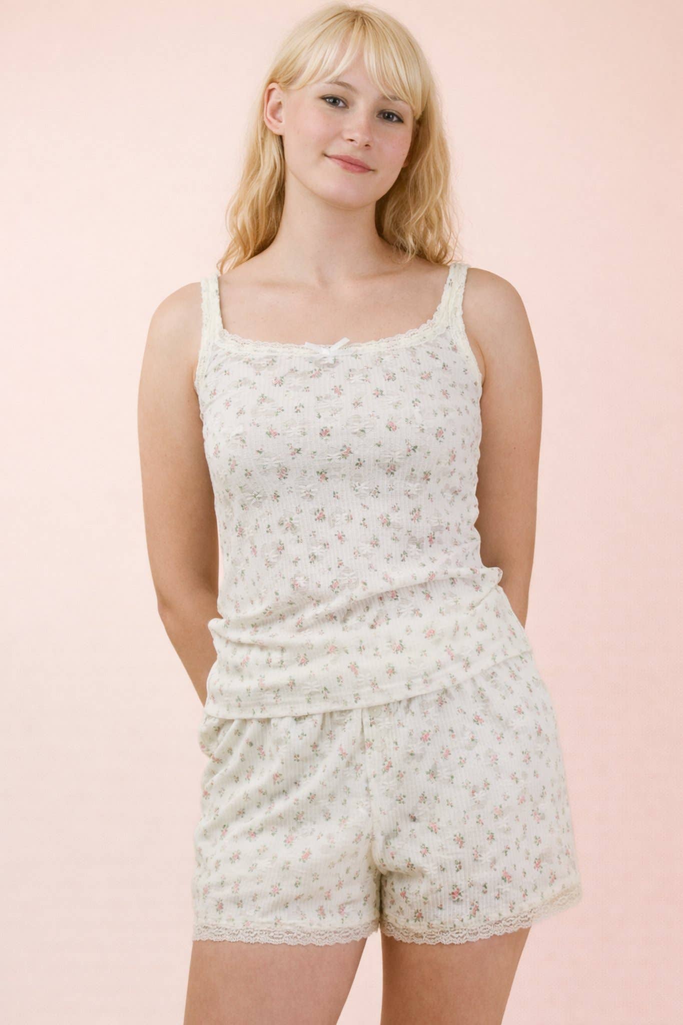 NT12294SET-Floral Printed Lace Trim Knit Top & Shorts Set: WHITE / S-M-L/2-2-2